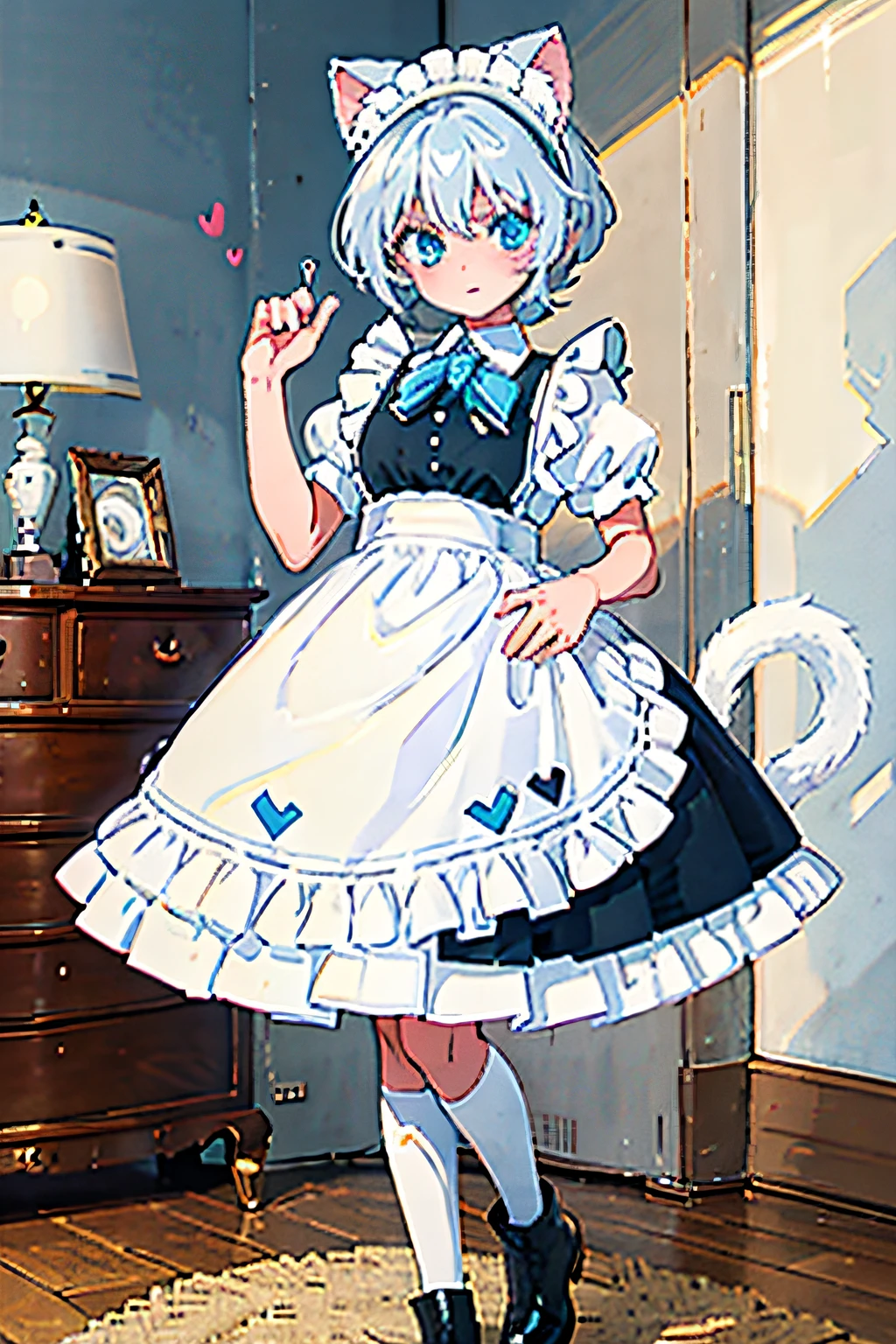 a tomboy catgirl, wearing a cute black and white maid outfit, frill skirt, black high knee socks, goth boots, good hands anatomy, boyish face, make a heart sign using hand while look embarrassed, she avoiding eyes contact while blushing, sharp eye, short white hair, blue eyes, white cat tail with blue mark at her back, light tanned skin, white armless frill cuff, standing at a man bedroom, high quality image, 4K, masterpiece