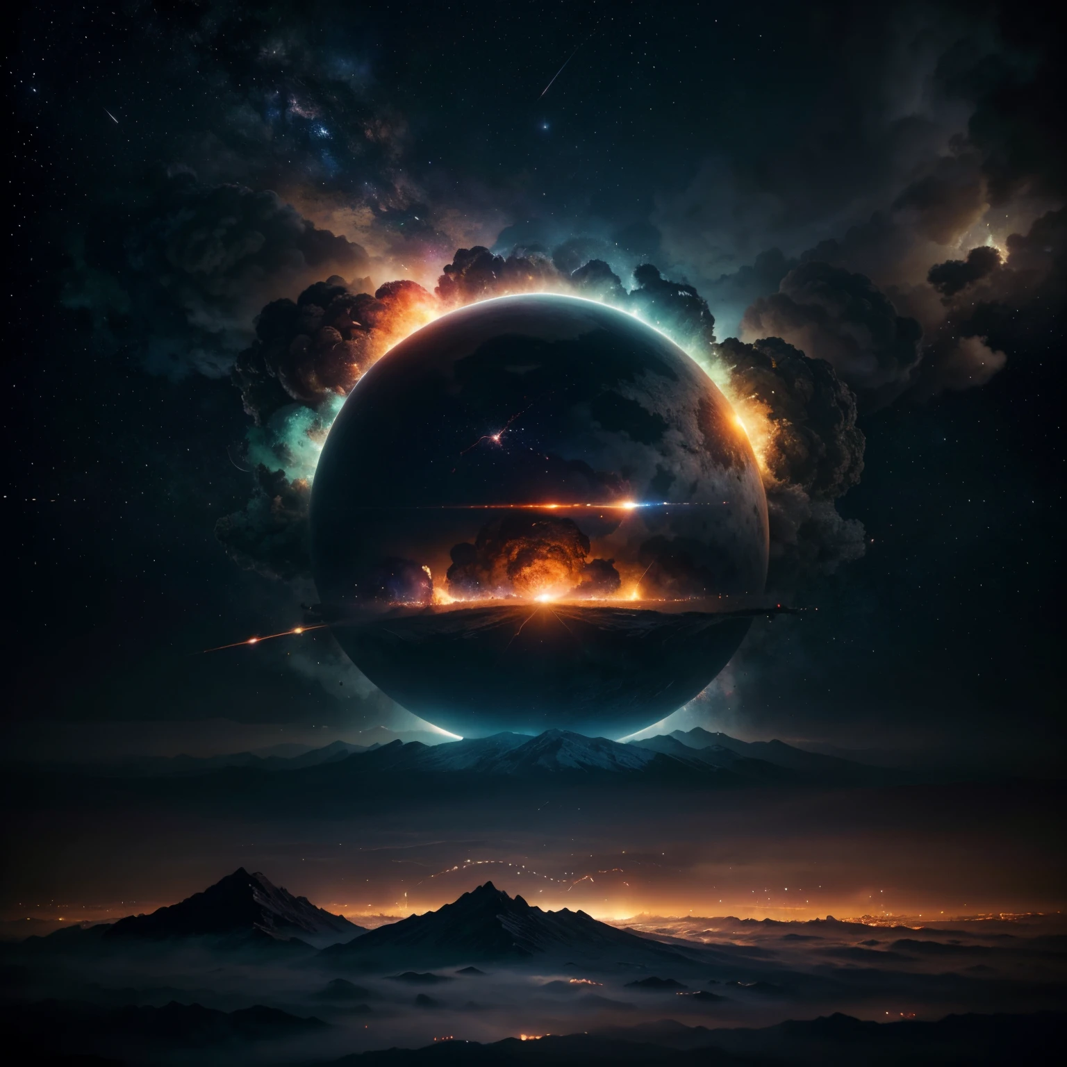 Generate a powerful and deeply emotional abstract photo with the following elements:
1. A vast and vibrant space scene with galaxies, planets, and a prominent moon.
2. Intense clouds and fog rolling across the celestial landscape, creating a sense of mystery.
3. Fire and explosions scattered throughout the scene, symbolizing raw energy and intensity.
4. Incorporate random science fiction elements, such as futuristic structures or surreal landscapes.
5. Use a rich and dynamic color palette to evoke strong emotions—combine deep blues, fiery oranges, and electric purples.
Ensure that the composition is visually striking and emotionally evocative, capturing the viewer's attention. The goal is to create an image that feels both awe-inspiring and thought-provoking. Make it suitable for sharing on social media, aiming for a viral impact.
Feel free to experiment with the arrangement and intensity of the elements to achieve the desired emotional impact. Be mindful of the overall balance and coherence of the image. The final result should be a captivating and shareable piece of abstract art.