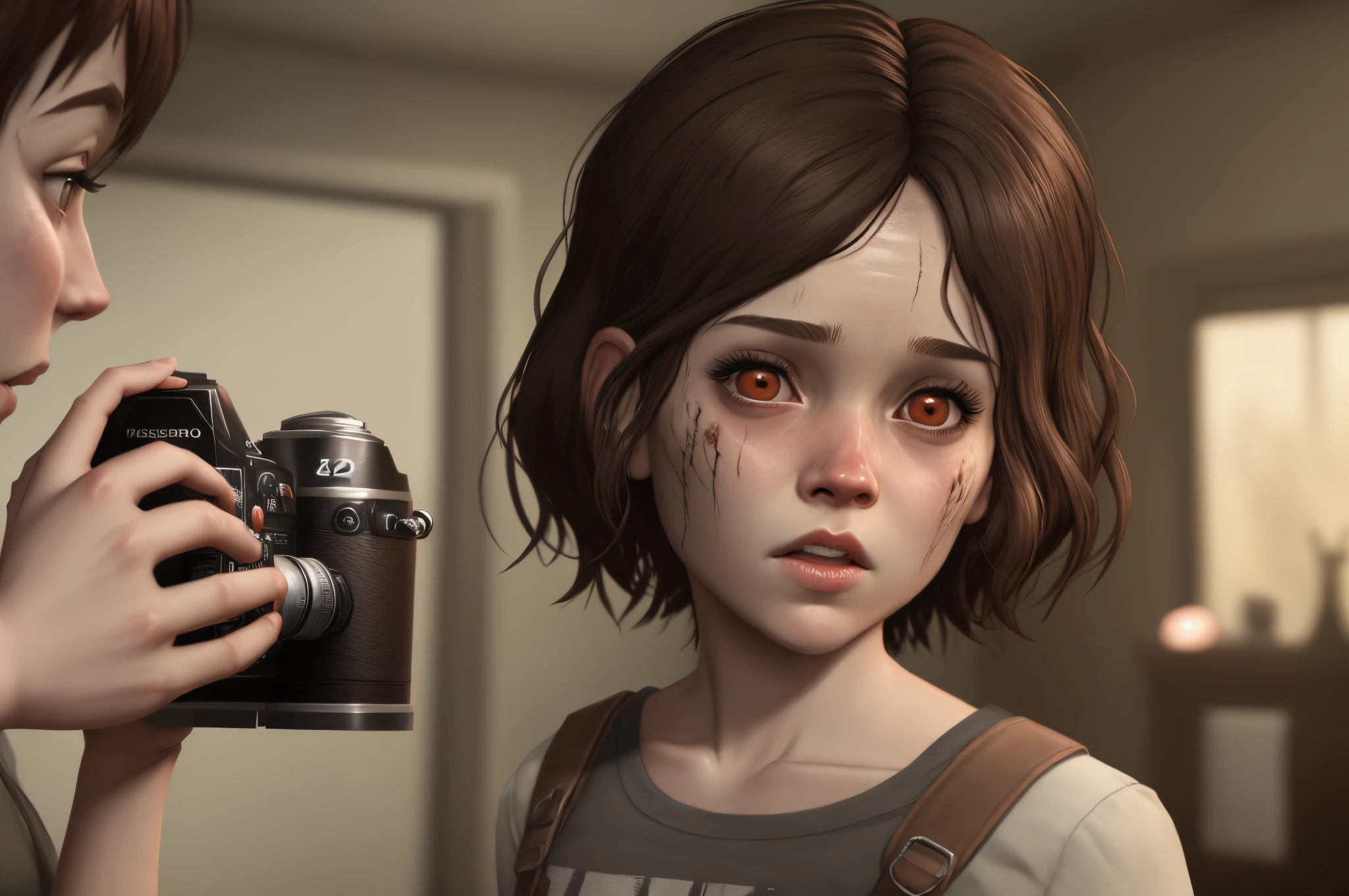 Clementine the walking dead telltale, realista, limpa, rosto infantil, camera um pouco abaixo,