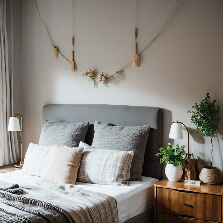 Masterpiece photo, Beautiful cozy bedroom in a modern style, minimalist style, natural decorations on the walls, gray colors, luxurious bed linen, plaid, table, garlands, warm light, cozy atmosphere, detailed photo, interior design, 8K