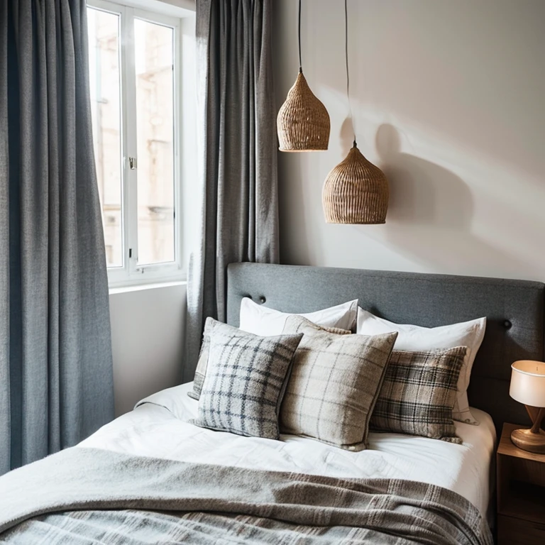 Masterpiece photo, Beautiful cozy bedroom in a modern style, minimalist style, natural decorations on the walls, gray colors, luxurious bed linen, plaid, table, garlands, warm light, cozy atmosphere, detailed photo, interior design, 8K