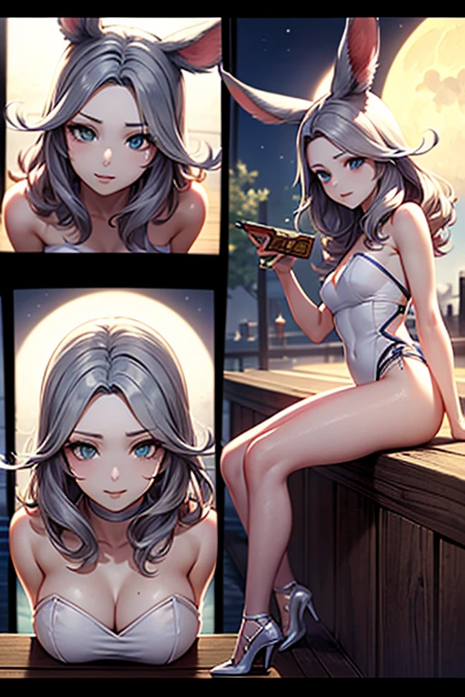 1 Femme Viera Final Fantasy 14 dans un combat, Habillé as a conserve box, Grande hache, ,silver-haired, Yeux verts, cheveux longs, cheveux courbés, pale complexion , No ears; pose dynamique, Clope Up view, sur la lune