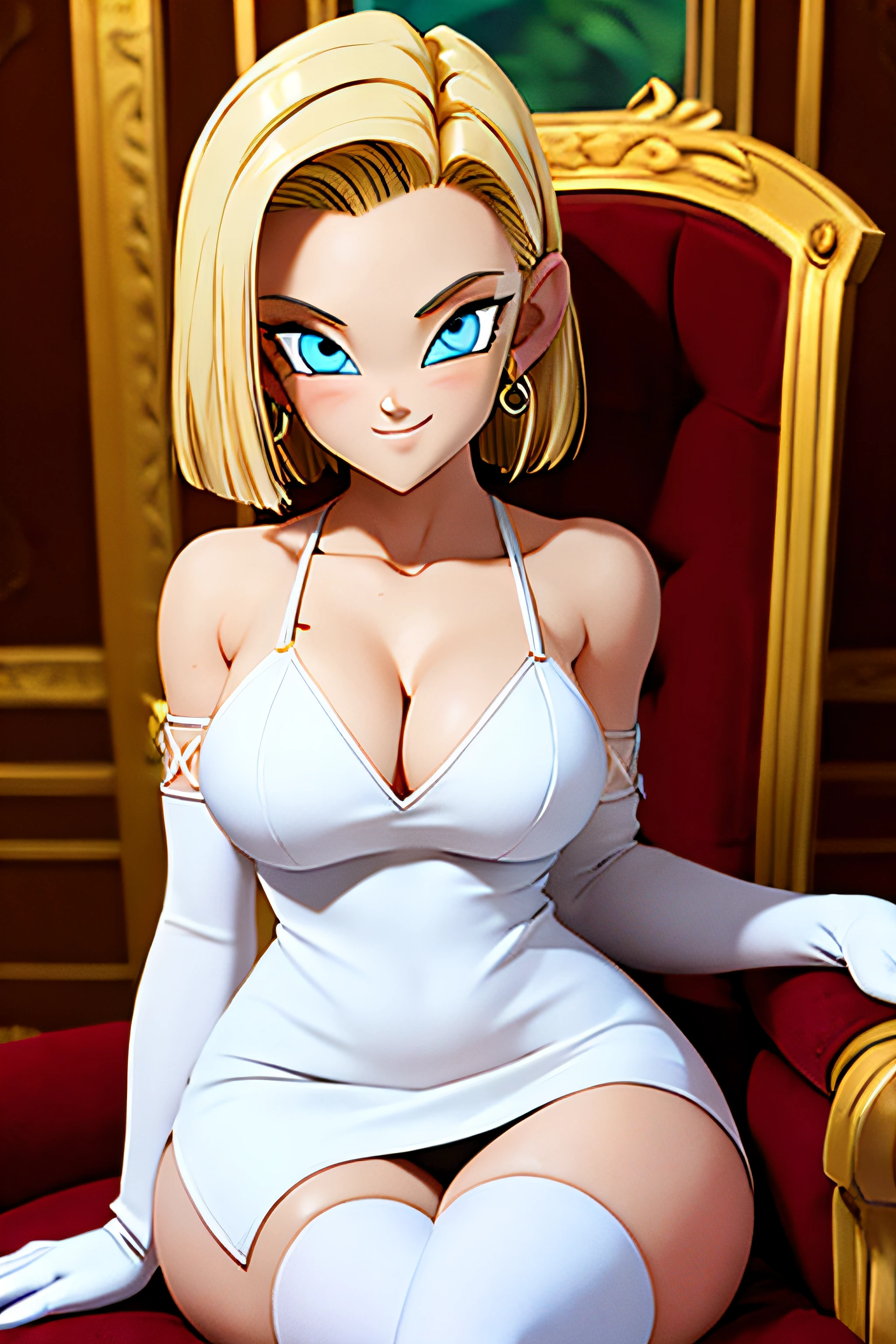 android18, 1girl, solo, breasts, looking_at_viewer, smile, short_hair, closed_mouth, blue_eyes, blonde_hair, medium_breasts, thighhighs, gloves, mini flowers dress, bare_shoulders, jewelry, sitting, ( CROSSED LEGS) , head_rest, arm_support, cleavage, thighs, earrings , indoors, flowers mini dress, white_dress, throne, (perfect eyes), MINI flowers dress, SHOW HER BOOTY, VERY SEXY.