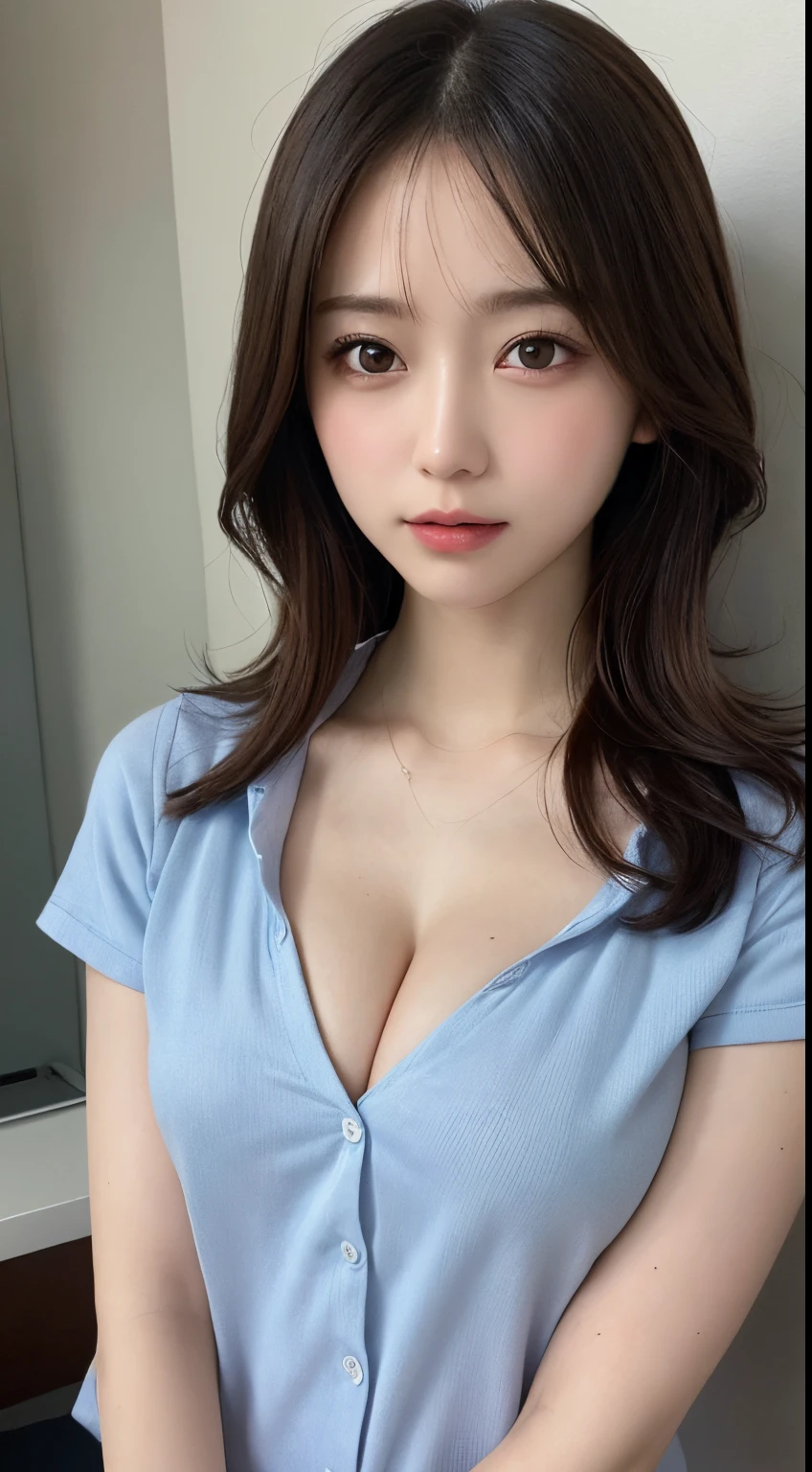 ((Best quality, 8k, Masterpiece: 1.3)), Sharp focus: 1.2, A beautiful woman with perfect body: 1.4, Slim abdomen: 1.2, ((Layered haircut, Large breasts: 1.2)), (no bra) (Small and beautiful hard nipple) (Thin and damp button up to shirt length: 1.1), (White shirt wet by rain), (Rain, Street: 1.2), Wet body: 1.1, Highly detailed face and skin texture,  Detailed eyes, Double eyelid,