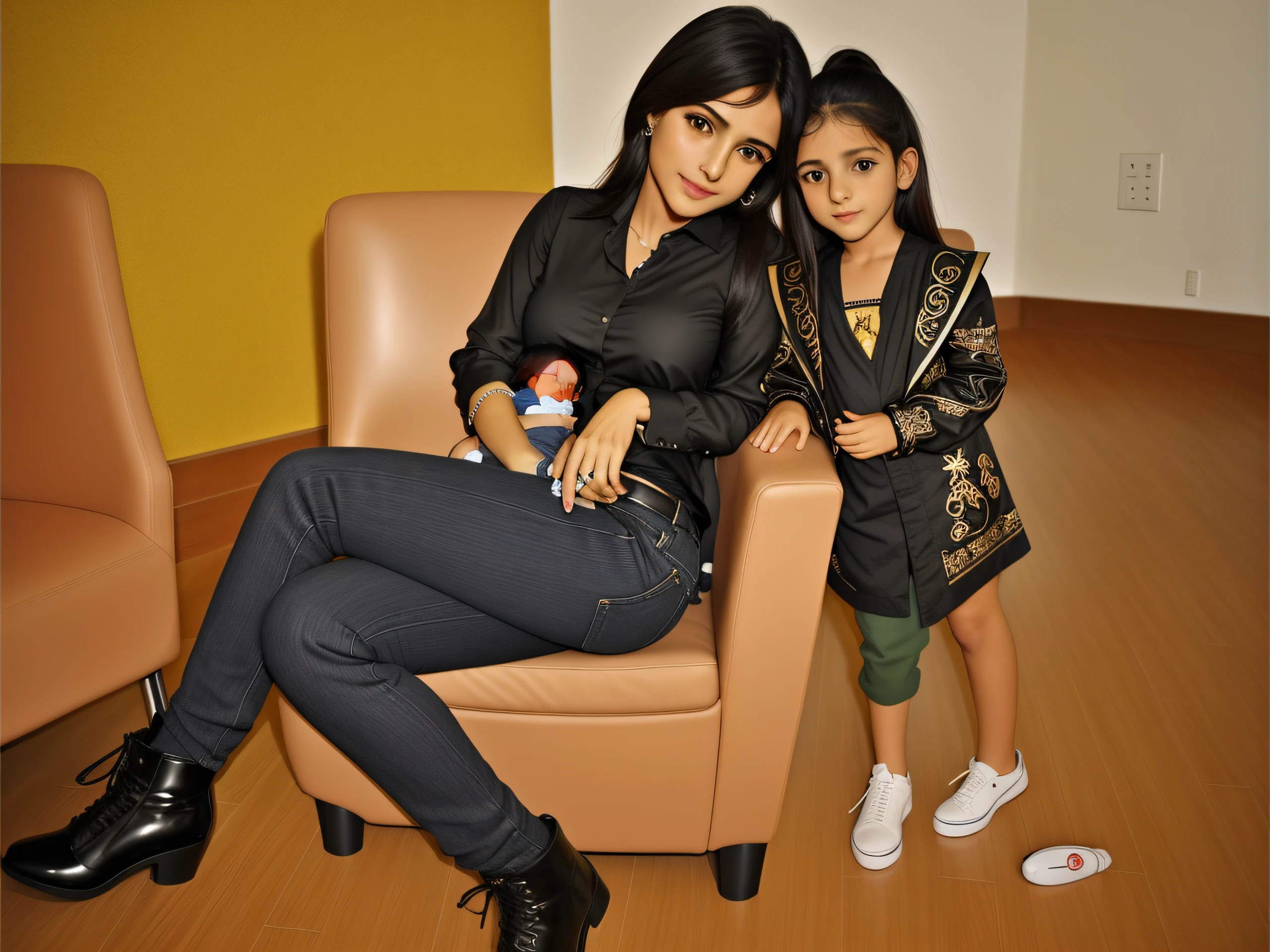 There's a woman and a girl sitting on a chair, with a kid, modelagem para dulce e gabanna, com preto, babies in her lap, tirada em discoteca, com hera, sentado em uma poltrona, Alena, sentado em uma cadeira, Ekaterina, Latim, sentado em uma poltrona, Assento em uma cadeira, Latino
