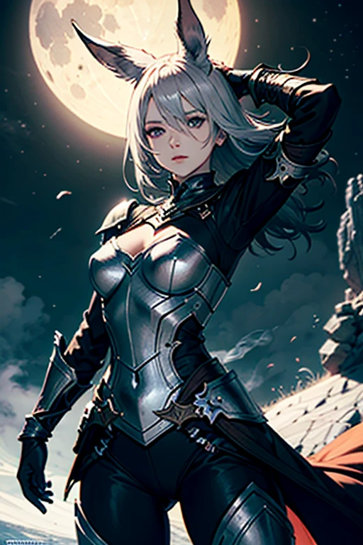 1 Femme Viera Final Fantasy 14 dans un combat, Dark Knight Armor, Great Sword, ,silver-haired, Yeux verts, cheveux longs, cheveux courbés, pale complexion , No ears; pose dynamique, Clope Up view, sur la lune