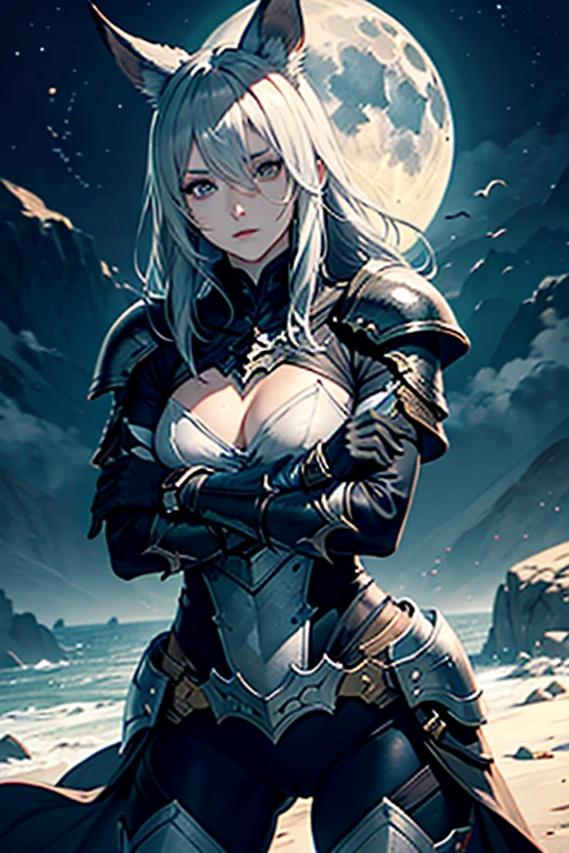 1 Femme Viera Final Fantasy 14 dans un combat, Dark Knight Armor, Great Sword, ,silver-haired, Yeux verts, cheveux longs, cheveux courbés, pale complexion , No ears; pose dynamique, Clope Up view, sur la lune