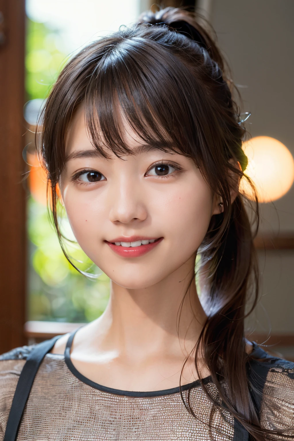 masutepiece, Best Quality, 8K, Mirror on desk, Raw photo, Professional Photography, Portrait, Soft light, Professional Lighting, Smile, close up, Face, close up, Cute, Girly, Goddess, Delicate girl, Neat and clean beauty, Upper body, Digital SLR, Sophisticated, Film grain,