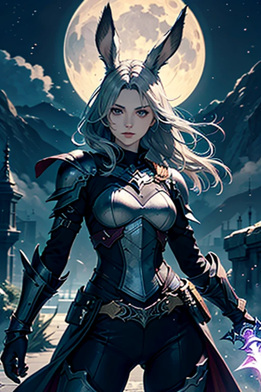 1 Femme Viera Final Fantasy 14 dans un combat, Dark Knight Armor, Great Sword, ,silver-haired, Yeux verts, cheveux longs, cheveux courbés, pale complexion , No ears; pose dynamique, Portrait, sur la lune