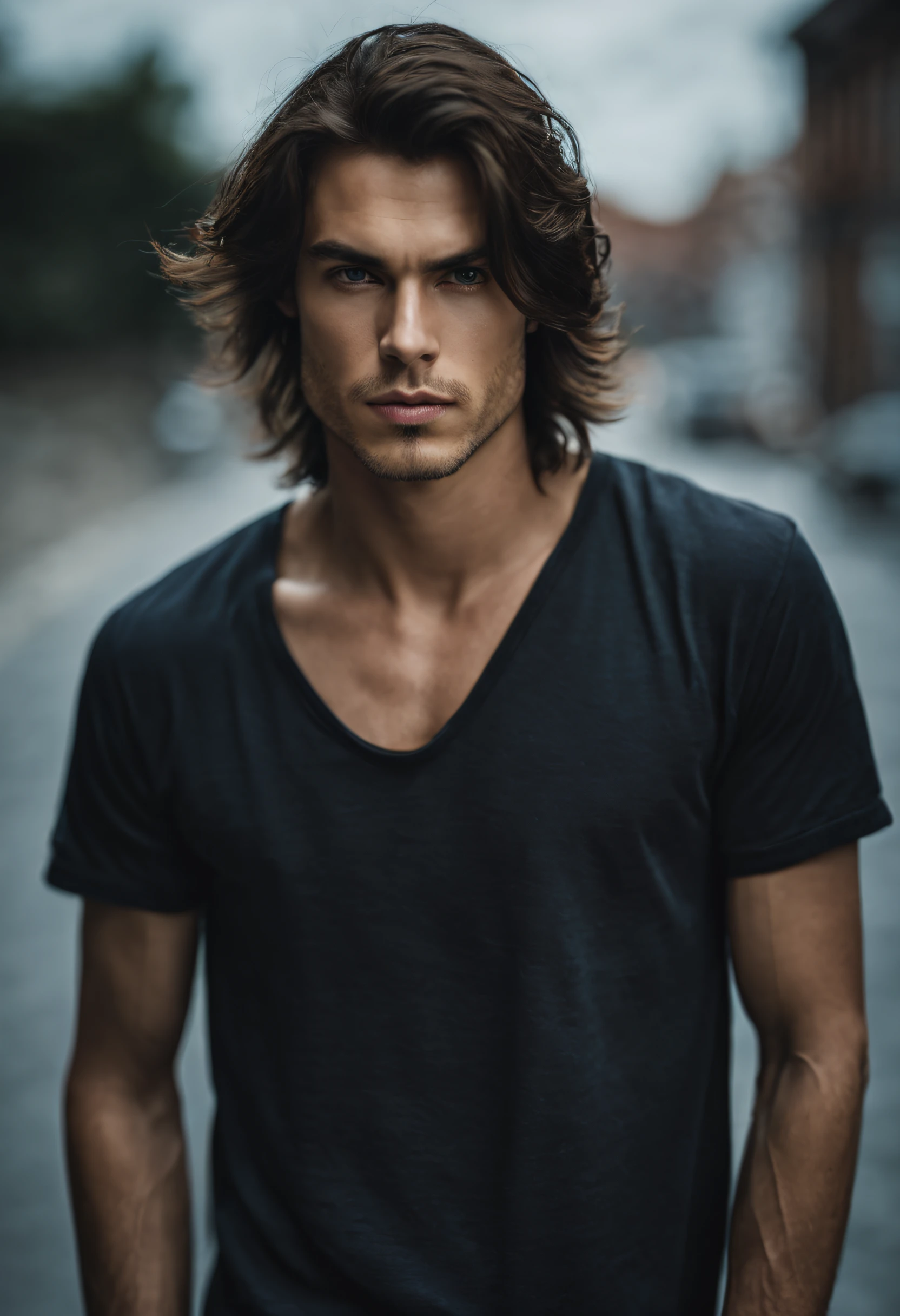 An amazing portrait of a masculine 20 year old man in a black t shirt, straight hair, long hair, great facial feature, ((long hair)), perfect eyes, ultra realistic eyes, perfect face, perfect body, cinematic, color analog film photo, realistic hair, ((Perfect Face)), ((masculine Face)), medium shot of a handsome man, Photograph, photorealistic, neutral Pose, ((long hair slicked back)), (Looking at Viewer), artgerm, cinematic lighting, very high detailed, foggy background, shot on Fujifilm Superia 400, Short Light, 32k, cinematic composition, professional color grading, photography, photoshoot, cinematic lighting, volumetric lighting, insanely detailed, male model, ((sfw)), ((looking at viewer)), ((facing forward)), ((young ian somerhalder)), solo, one person, ((facing Camera)), ((head on)), ((hair out of face)), ((head shot)), ((tidey hair)), (very long hair), ((full thick long hair)) ,Dark hair, Light Skin, Flawless Skin, (dark Blue Eyes), Oval Face, (Dark Brown Hair), short snub nose, full eyebrows, great cheekbone, Ultra detailed face, mode portrait, ((perfectly straight in front of the camera)), Masterpiece,realistic,photorealistic,photo r3al,Extremely Realistic,Portrait,Masterpiece,Stylish