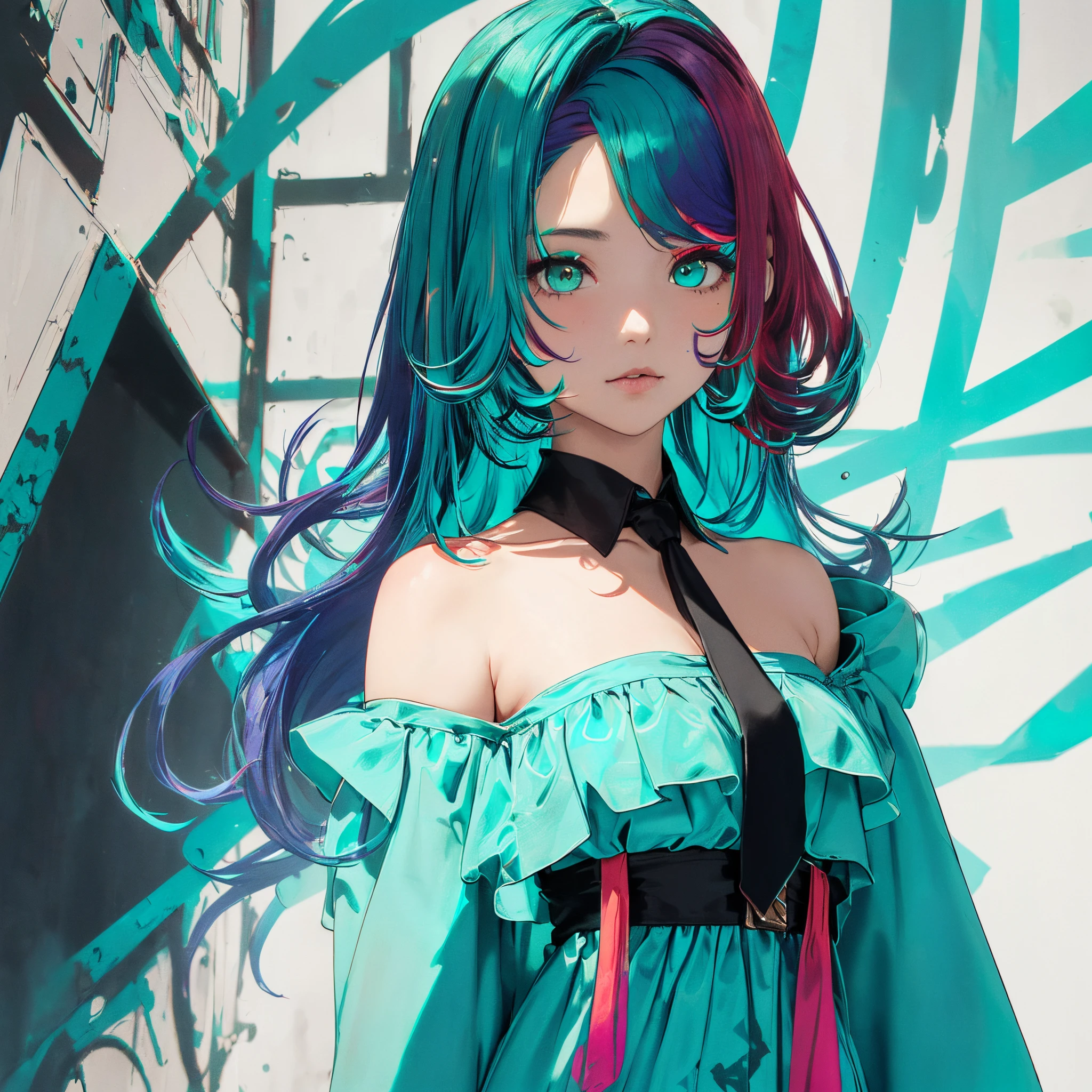 Masterpiece, Best Quality, 1 Girl, solo, (Heterochromia, Purple right eye:1.6, Red left eye), (turquoise hair :2.0) (Straight hair), (Long hair: 1.4), (turquoise dress: 1.4), (long-sleeved dress:1.2), (Shoulder-baring
outfit)(black necktie:1.2),
(Overall impression of the
screen is green)