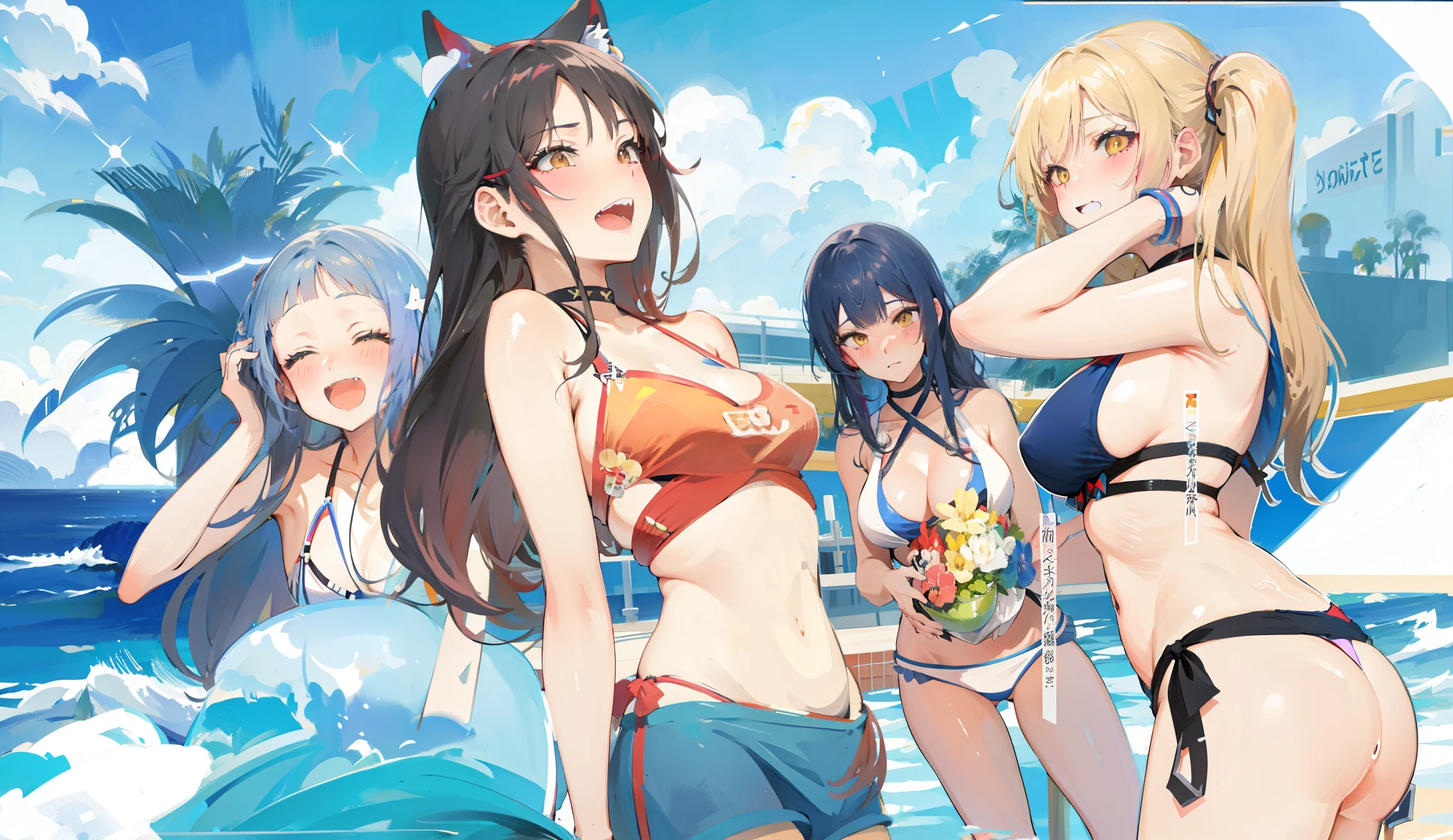 anime girls in bikinis in front of a swimming pool, kantai collection style, Estilo de pista Azur, Personagens de Azur Lane, Kawacy, roupa de banho, Do videogame Azur Lane, Ecchi, detalhes finos. s da linha de frente, visual novel chave visual, Pixiv 3dcg |, estilo anime Ecchi, na empresa Pixiv, Pixiv