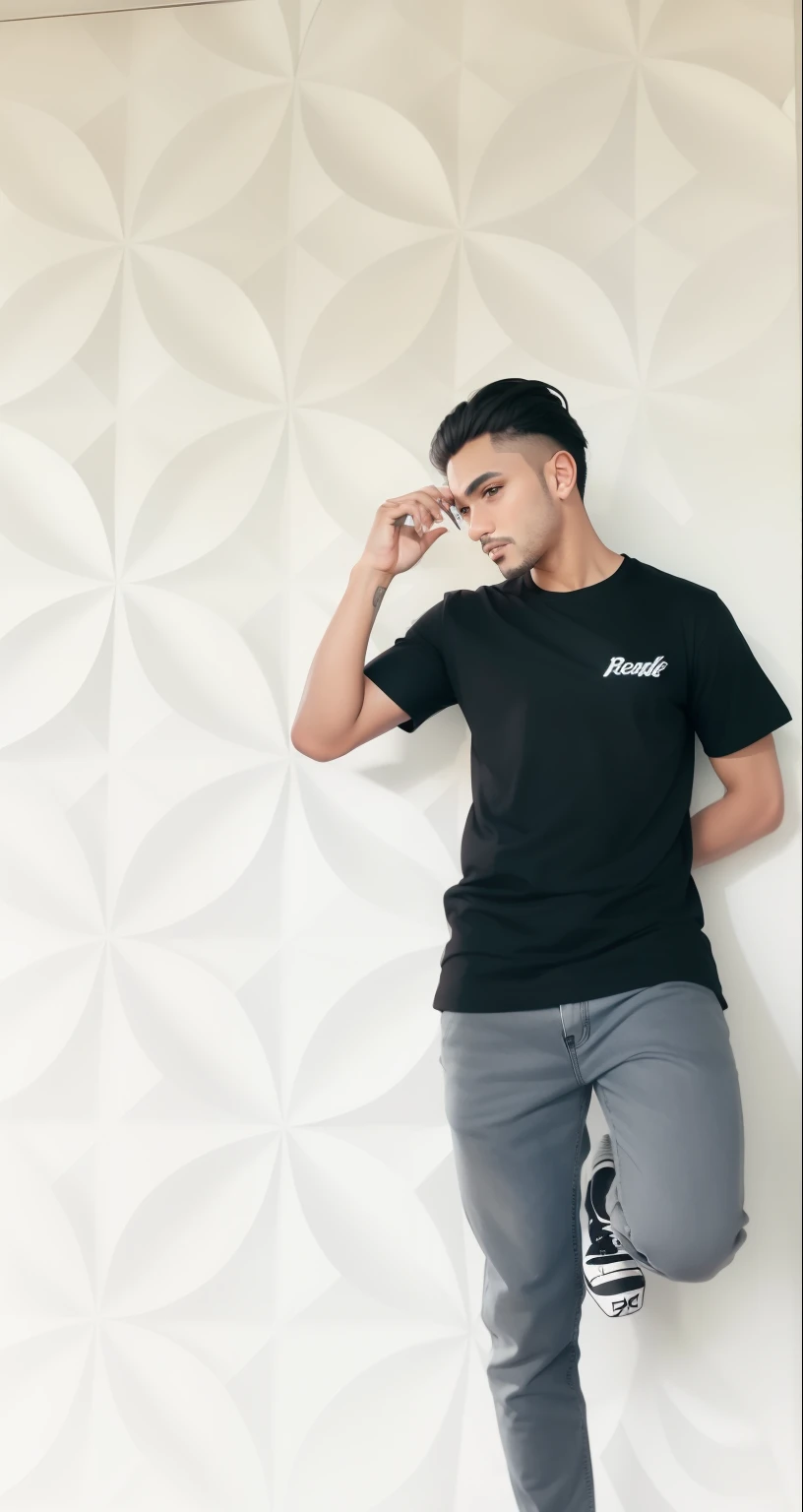 A young handsome guy with short spiky hair Show full body wearing tshirt full pant in indian house alone siting on bed
