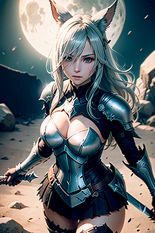 Create an anime-type character with white hair and red eyes with a serious face wearing a small, light metal armor outfit with diamond parts.