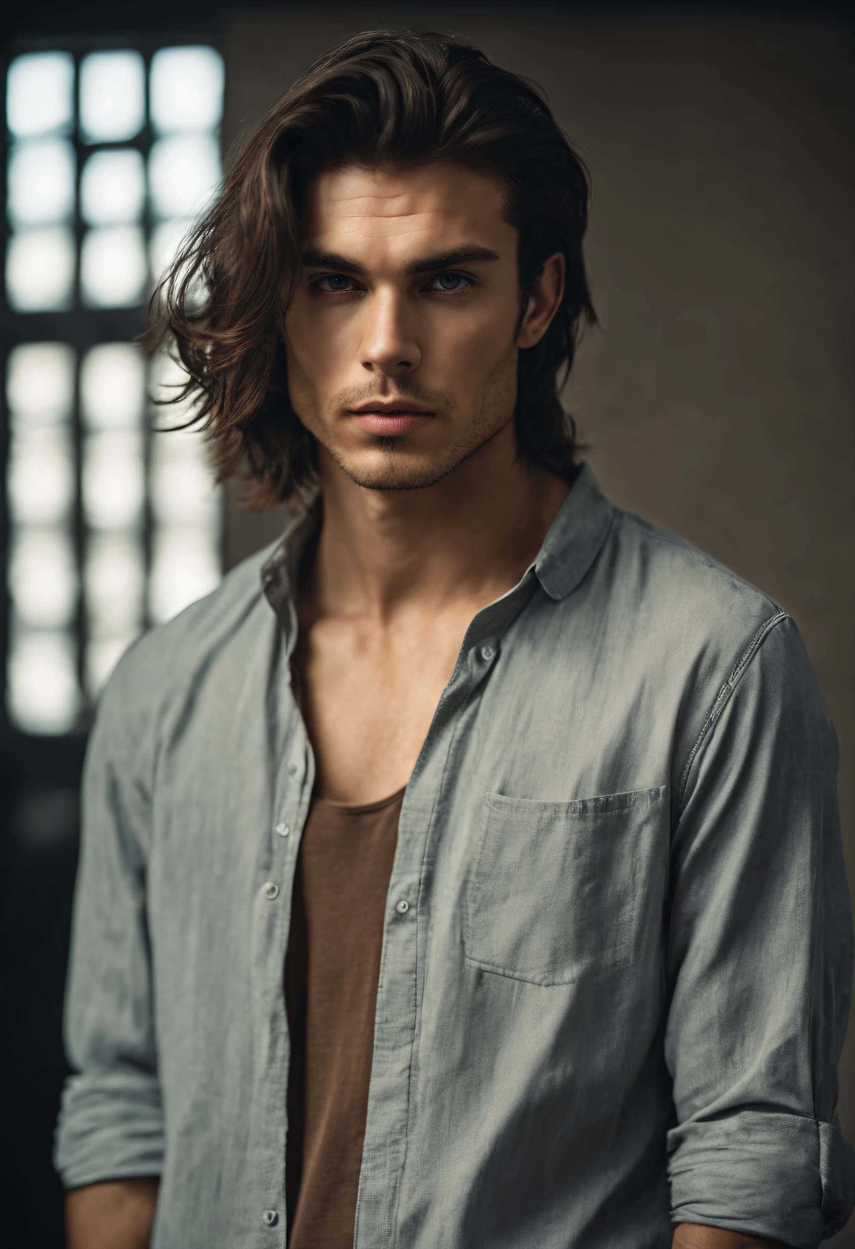 An amazing portrait of a masculine 20 year old man in a black t shirt, straight hair, long hair, great facial feature, ((long hair)), perfect eyes, ultra realistic eyes, perfect face, perfect body, cinematic, color analog film photo, realistic hair, ((Perfect Face)), ((masculine Face)), medium shot of a handsome man, Photograph, photorealistic, neutral Pose, ((long hair slicked back)), (Looking at Viewer), artgerm, cinematic lighting, very high detailed, foggy background, shot on Fujifilm Superia 400, Short Light, 32k, cinematic composition, professional color grading, photography, photoshoot, cinematic lighting, volumetric lighting, insanely detailed, male model, ((sfw)), ((looking at viewer)), ((facing forward)), ((young ian somerhalder)), solo, one person, ((facing Camera)), ((head on)), ((hair out of face)), ((head shot)), ((tidey hair)), (very long hair), ((full thick long hair)) ,Dark hair, Light Skin, Flawless Skin, (dark Blue Eyes), Oval Face, (Dark Brown Hair), short snub nose, full eyebrows, great cheekbone, Ultra detailed face, mode portrait, ((perfectly straight in front of the camera)), Masterpiece,realistic,photorealistic,photo r3al,Extremely Realistic,Portrait,Masterpiece,Stylish