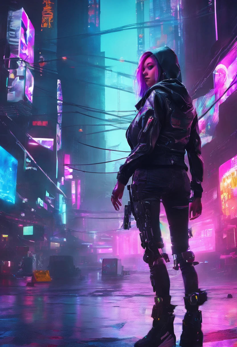 (tmasterpiece, top-quality, Best quality at best, offcial art,4K:1.2), 1girl,Wearing a cyberpunk sweatshirt,Cyberpunk style jacket,hooded,cyberpunk helmet,Now on the streets,staredown,dynamicposes,