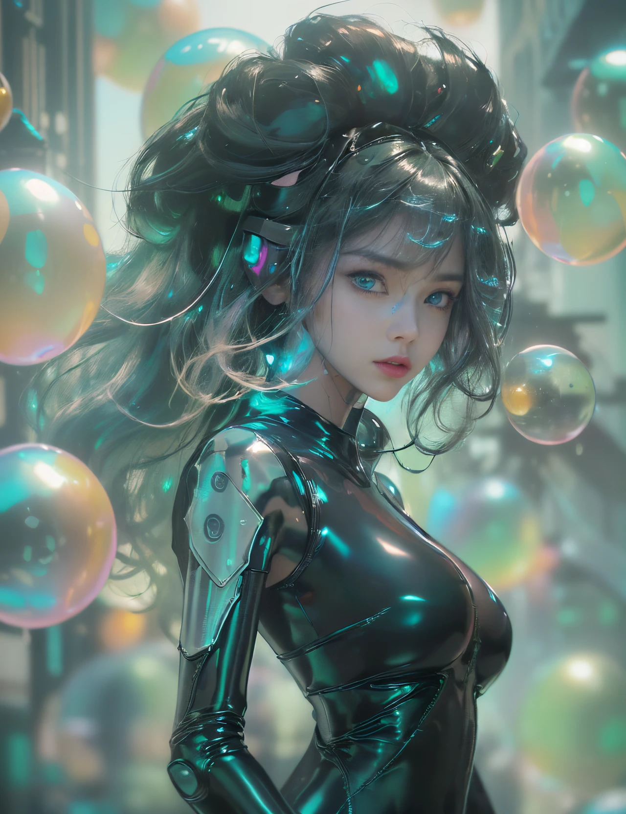 (((Portrait of a perfect girl))), ((Extremely long flowing curly fluorescent cyberpunk hair)), The best picture quality, Masterpiece, Super High Resolution, (fidelity:1.4), photo, (((1 girl))) Dim, darkness, Movie, (Translucent futuristic black outfit and clothing:1.5), (translucent clothes:1.4), ((ciberpunk)), Cyber equipment, ((a robot)), apocalypse, Futuristic, (((Excessively large hanging breasts,,))), ((Perfect and clear facial features)), ((Portrait)), (((dynamic shot))), ((the perfect body)), ((Award-winning, super-realistic photography)), (((Extremely dense reflective shiny translucent latex))), Textured pastel background, colourful, Vibrants, ((Gorgeous Perfect Multi-Colored Reflective Eyes)), (Balloon-shaped flying droids)), ((soapy and many bubbles of different sizes))