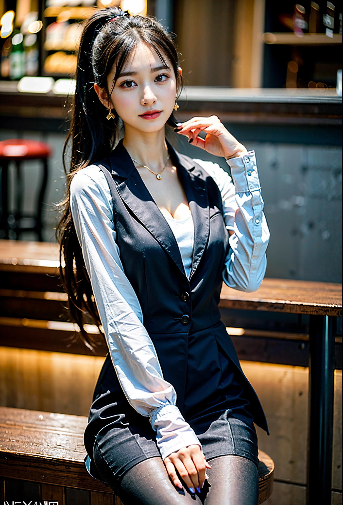 Sophisticated, masterpiece, beautiful details, colorful, fine details, delicate lips, intricate details, big breasts, 1 female, (a beautiful 20 year old cute Korean female: 1.1), (kpop idol, mixed Korean), ( 50mm Sigma f /1.4 ZEISS lens, F1.4, 1/800s, ISO 100, photograpy:1.1), (ponytail+black hair:1.2), (photorealistic:1.4), (spy:1.2), (open jacket, shirt, skirt, tie, black pantyhose, christian louboutin\(brand\),: 1.3), earrings, necklace, armband, (tavern, bar: 1.2), (beautiful legs, tall girl, skinny, slim_legs, thigh_gap, model :1.2), lens flare, viewed from the front, (happy smile: 1.1), dynamic pose, (makeup: 1.2), sitting on a bar stool,