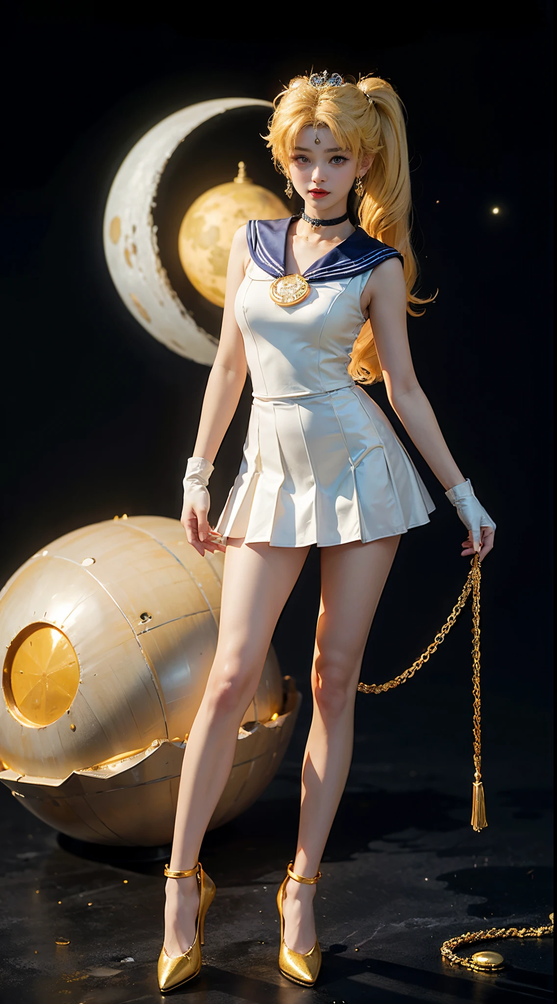 ((masterpiece:1.4)、(top-quality:1.4)、(reallistic:1.7))、masuter piece:1.4、a beauty girl、(Sailor Moon:1.4)、Tsukino Usagi、Body Fit Sexy Sailor Senshi Uniform、(latex shiny)、(The jacket is a white sleeveless sailor suit)、(Skirt Blue Sexy Ultra Ultra Pleated Mini Skirt)、The collar of the sailor suit is blue with two thin lines.、high leg swimsuit、Red cloth ornament at chest、(Wearing white gloves)、Kawaii Girl、Super beauty、foco nítido、Portrait photos、(Perfect female body:1.4)、perfectly proportions、Upper body photography:1.4、美丽的面容、beautidful eyes、Narrow waist、beauty legs、(yellow hair:1.4)、(length hair:1.2)、Beautiful udder、large full breasts:1.2、Sexy ass、Raw photo、red-lips、Red high heels:1.4、a choker:1.4、a necklace:1.4、耳环:1.4、Luxurious Golden Tiara:1.4、1 screen display、a moon、kosmos、spaceships、A space station、City of the Future