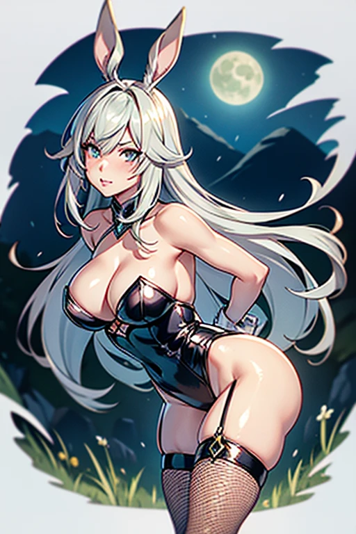 1 Femme Viera Final Fantasy 14 dans un combat, Bunny Girl Outfit, fishnet stockings, Talon Haut ,silver-haired, Yeux verts, cheveux longs, cheveux courbés, pale complexion , No ears; pose dynamique, Portrait, sur la lune