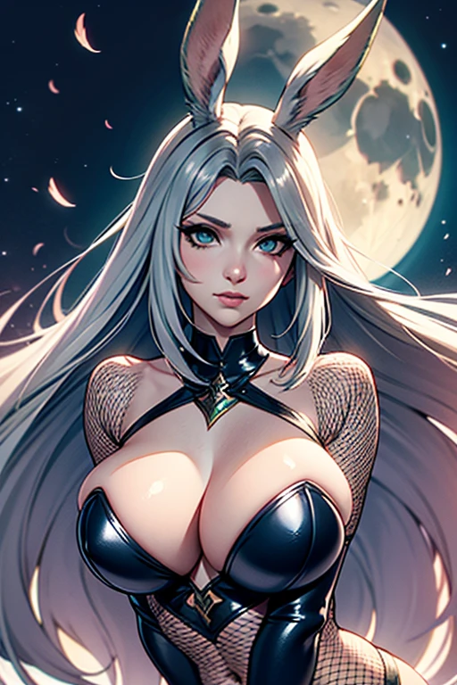 1 Femme Viera Final Fantasy 14 dans un combat, Bunny Girl Outfit, fishnet stockings, Talon Haut ,silver-haired, Yeux verts, cheveux longs, cheveux courbés, pale complexion , No ears; pose dynamique, Portrait, sur la lune