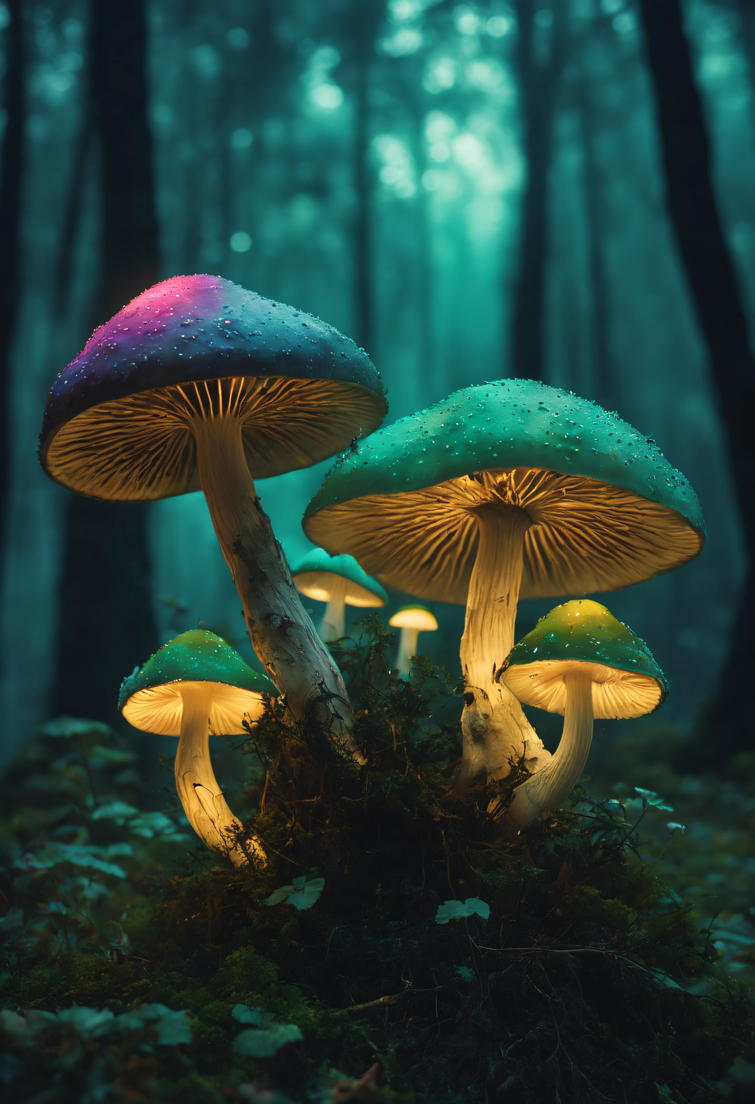 Mainly a collection of psychedelic mushrooms、Mushrooms are made with mysteriously shaped and terrifying smoke.、Mushrooms that change from smoke giving off a mysterious rainbow-colored glow、Mesmerizing surreal movie stills of Alice in Wonderland,Mushrooms decorated with graffiti art、 magical dreamland bokeh background, A fascinating and eerie fantasy world, Illuminates dark shot scenes with a fantastic glow, Otherworldly elements of a familiar story, ether wonderland, mystic atmosphere, Dark enchantment and the aesthetics of dark fantasy realism, Translucent bioluminescent material、Otherworldly luminescence、((A deformed poisonous mushroom that grows in another world and emits bewitching smoke.,)) Ultra-realistic, (Voronoi pattern, depth of fields, (swirly bokeh:1.275), (Kodak Portra 400:0.875) :1.15), (Realistic and complex futuristic background, Lots of futuristic cookware:1.1), ((Mushroom made of shiny glass)), (Turbulent Toxic Vapor:1.2, Magnificent surrealism, Green lighting, low key light:1.1), Notable masterpieces, celestial, Ethereal, epicd, Magical Light Flare, Natural and soft dreamy lighting, ((Warm Yellow and Deep Carbon:0.7), (Cinematic Look:1.15):1.15)