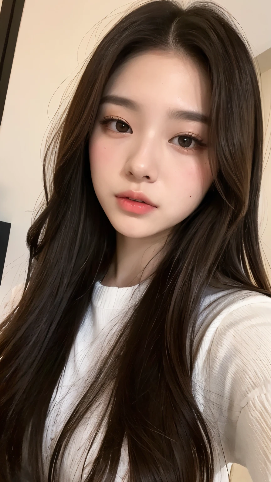 Young woman with long hair posing for photo, 19yo girl, Clear lips and high quality, Small lips, pointed nose, 🤤 girl portrait, 1 8 yo, Korean Girl, Yoshitomo Nara, sakimichan, 2 2 years old, ulzzang, 8k selfie photograph