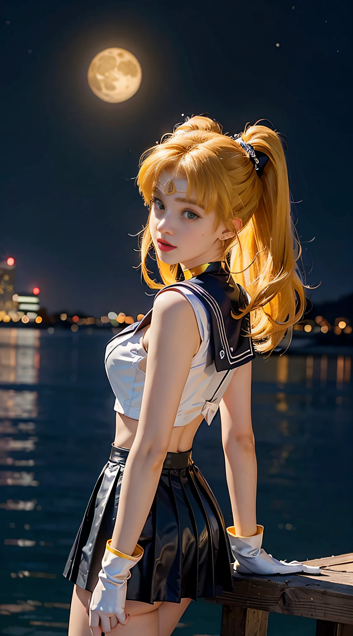 ((masterpiece:1.4)、(top-quality:1.4)、(reallistic:1.7))、masuter piece:1.4、a beauty girl、(Sailor Moon:1.4)、Tsukino Usagi、Body Fit Sexy Sailor Senshi Uniform、(latex shiny)、(The jacket is a white sleeveless sailor suit)、(Skirt Blue Sexy Ultra Ultra Pleated Mini Skirt)、The collar of the sailor suit is blue with two thin lines.、high leg swimsuit、Red cloth ornament at chest、(Wearing white gloves)、Kawaii Girl、Super beauty、foco nítido、Portrait photos、(Perfect female body:1.4)、perfectly proportions、Upper body photography:1.4、beautiful countenance、beautidful eyes、Narrow waist、beauty legs、(yellow hair:1.4)、(length hair:1.2)、Beautiful udder、large full breasts:1.2、Sexy ass、Raw photo、red-lips、Red high heels:1.4、a choker:1.4、a necklace:1.4、耳Nipple Ring:1.4、Luxurious Golden Tiara:1.4、1 screen display、a moon、kosmos、spaceships、A space station、City of the Future