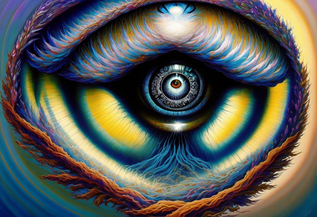 a painting of a spiral with a blue eye in the center, a surrealist painting by Amanda Sage, Artstation, psychedelic art, mystic eye, portrait of a mystical giant eye, brain tree eye holy grail, dan mumford and alex grey style, psytrance artwork, numenera, the eye of god, spiral eyes, eye of the storm, surrealcore