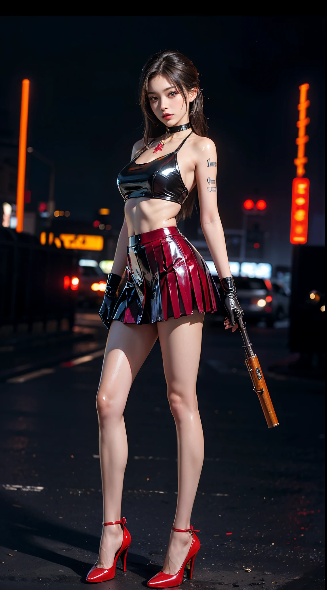 ((masterpiece:1.4)、(top-quality:1.4)、(reallistic:1.7))、masuter piece:1.4、(Top-of-the-line rendering:1.4)、(Female SWAT member of the 73rd Division of the Space Federation:1.4)、Super Beautiful Investigator、(hold a gun:1.2)、Body Fit Sexy Uniform、(Glossy luxury latex:1.4)、(Navy blue sleeveless uniform jacket)、(Underwear White Sexy Super Ultra Bikini)、(Luxury Red Latex:1.4)、(Red pleated mini skirt:1.4)、22year old、(Cute tattoos:1.4)、(Wearing white gloves)、Kawaii Girl、Super beauty、sharp focus、Portrait photos、(Perfect female body:1.4)、perfectly proportions、Upper body photography:1.4、Beautiful face、Fearless look、beautidful eyes、Narrow waist、beauty legs、(length hair:1.2)、Beautiful udder、large full breasts:1.2、Sexy ass、(Standing facing the front:1.4)、Raw photo、red-lips、Red high heels:1.4、a choker:1.4、a necklace:1.4、earrings:1.4、1 screen display、Beautiful night view of Cyberpunk City:1.2