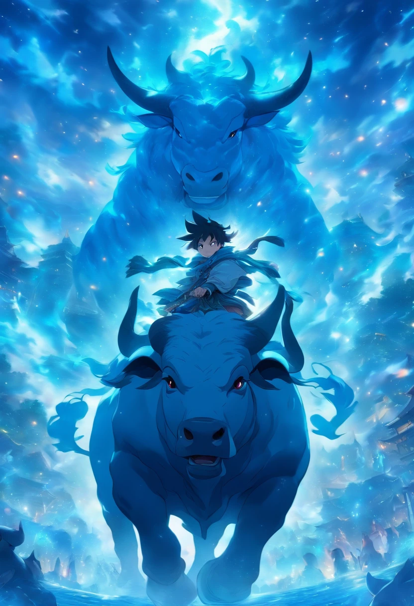 (tmasterpiece), (Best quality), Cinematic quality,Rendered by Octane,Ultra-detailed details,1 boy,Riding on the back of a blue bull,Fantasy wonderland background