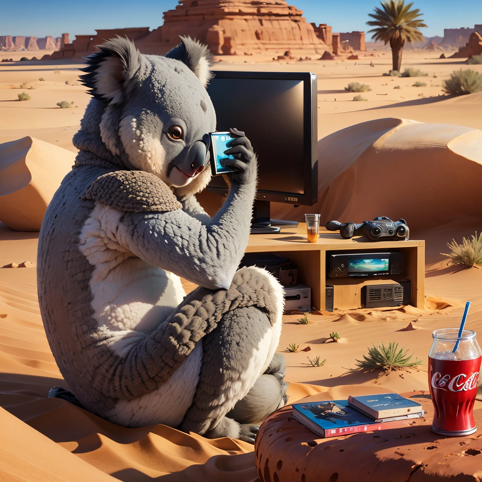 A koala drinking coke in the desert and playing video games looking at the TV screen in the Sahara --auto --s2