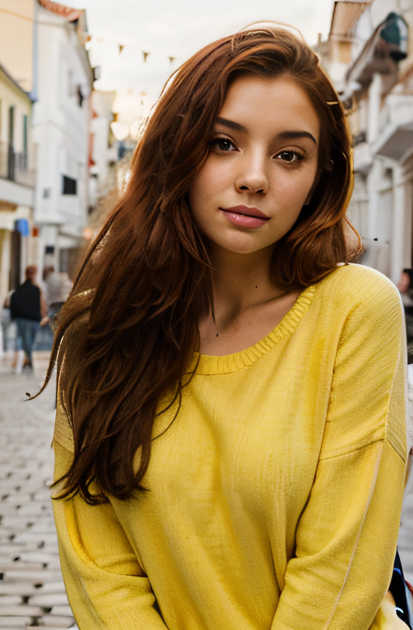 cute beautiful red hair russian-spanish girl with yellow sweater