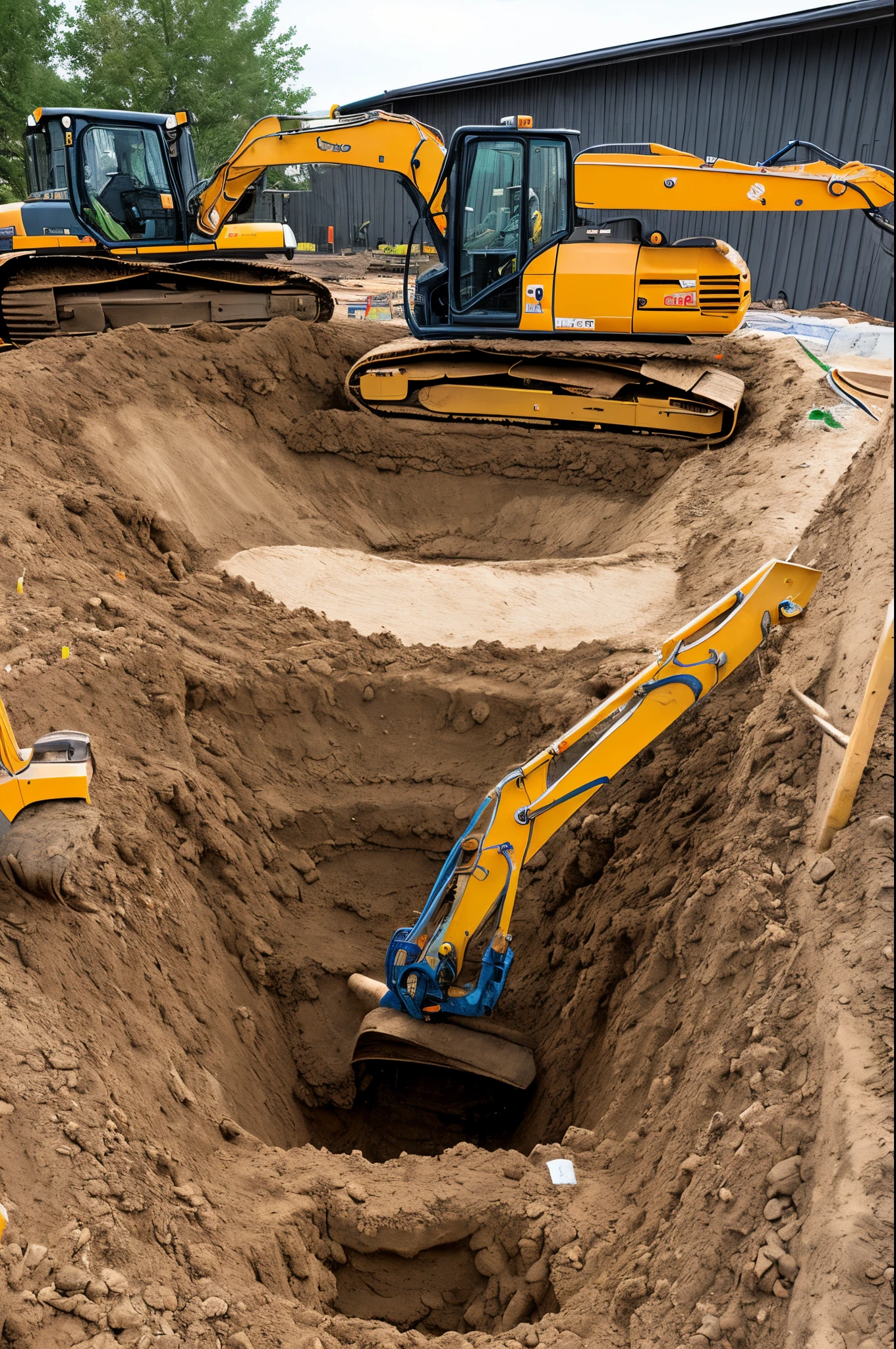 1800 style painting with modern construction equipment digging a hole