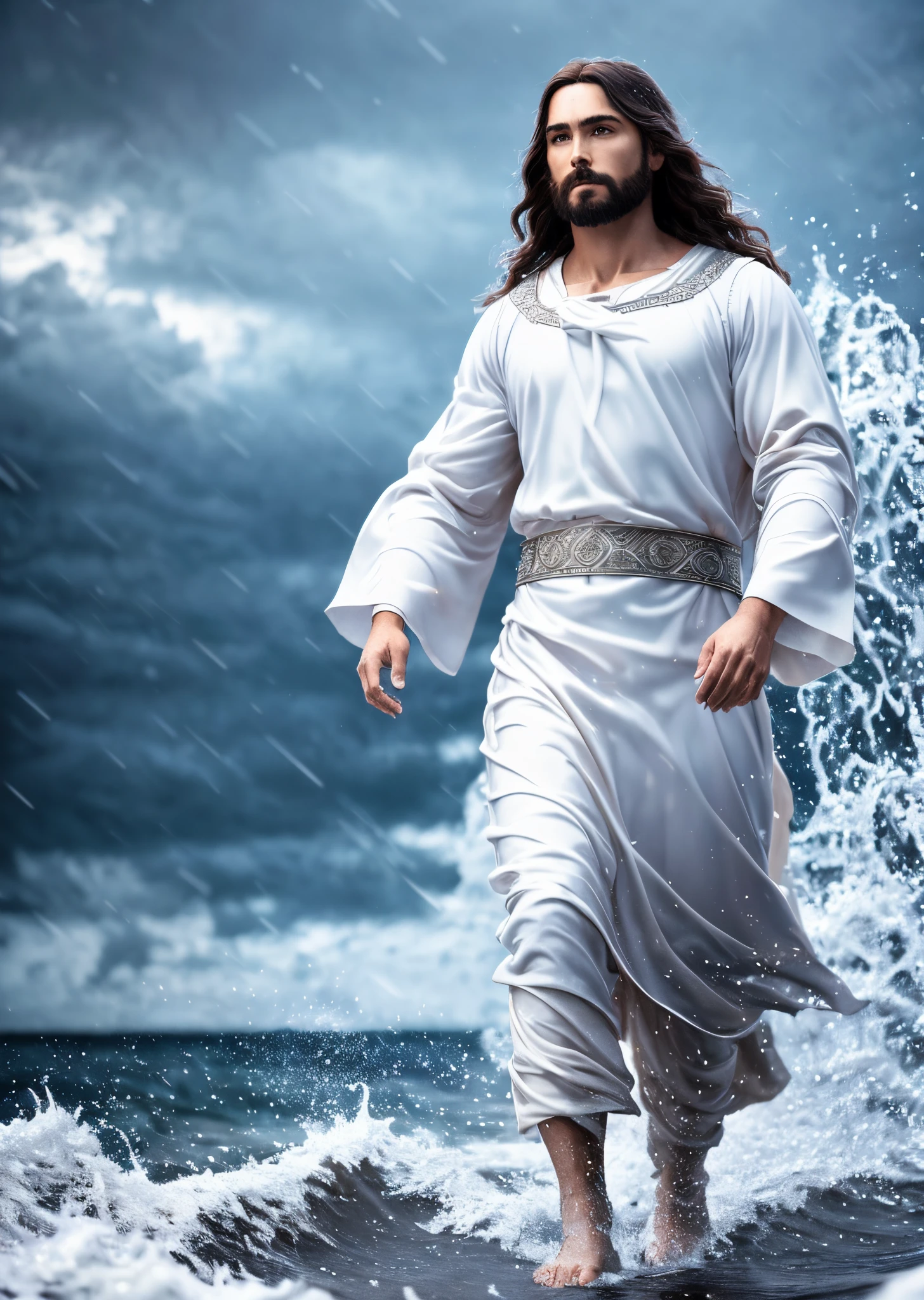 jesus walking on water in a storm, masterpiece, best quality, high quality, extremely detailed CG unit 8k wallpaper, award winning photography, Bokeh, Depth of Field, HDR, bloom, Chromatic aberration, photorealistic, extremely detailed, trending on artstation, trending on CGsociety, intricate, high detail, dramatic, mid-journey art, volumetric lighting