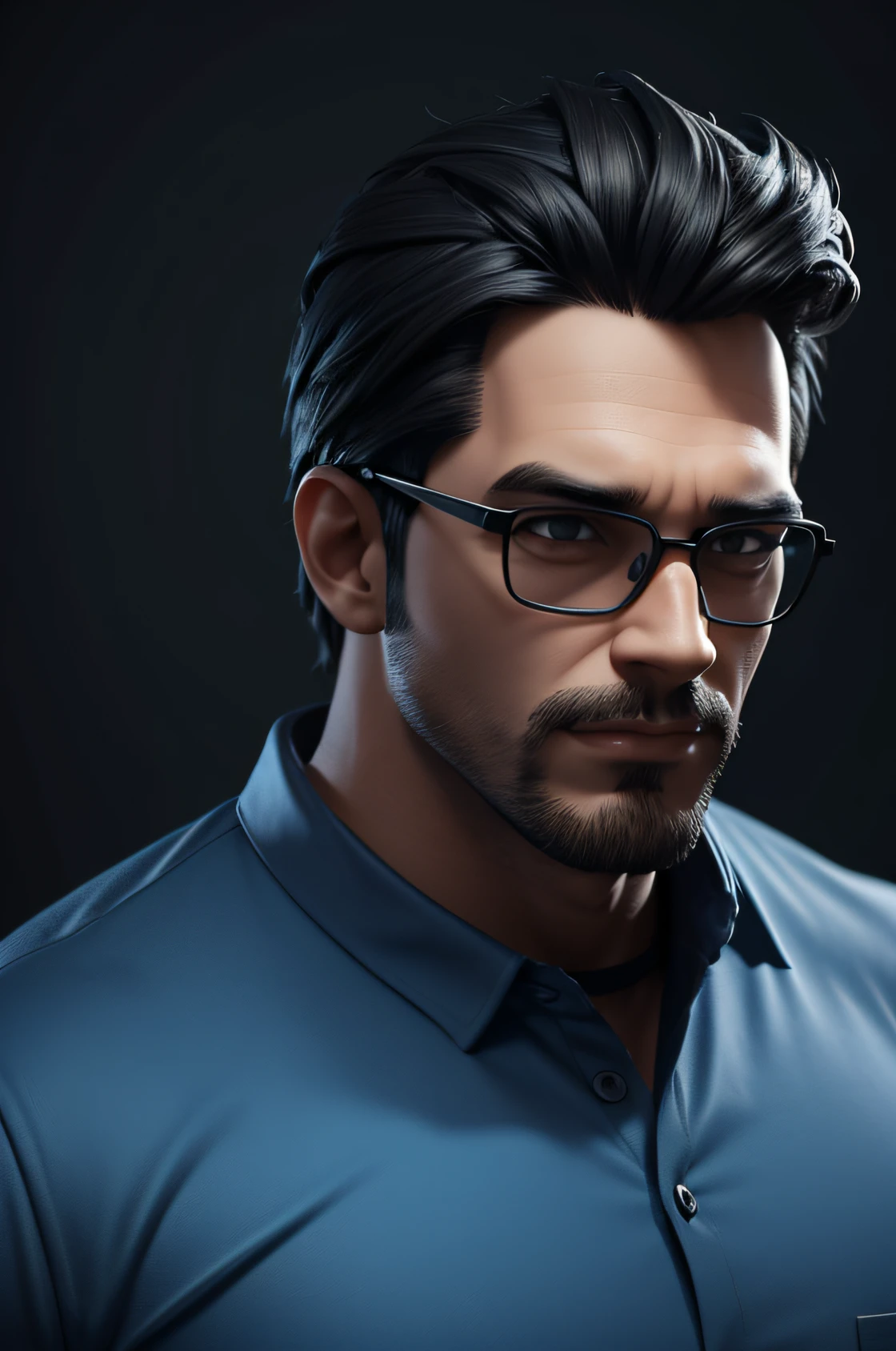 Cartoon character of a man wearing black glasses and a blue shirt, um personagem animado, Caractere estilizado, animation style rendering, 3D estilizado, Arnold Maya render, 3 d render stylized,