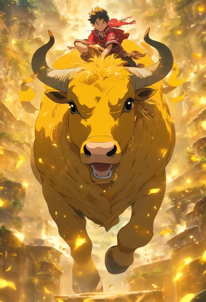 (tmasterpiece), (Best quality at best), Cinematic quality,Rendered by Octane,Ultra-detailed details,1 boy,Riding on the back of a yellow bull,Fantasy wonderland background