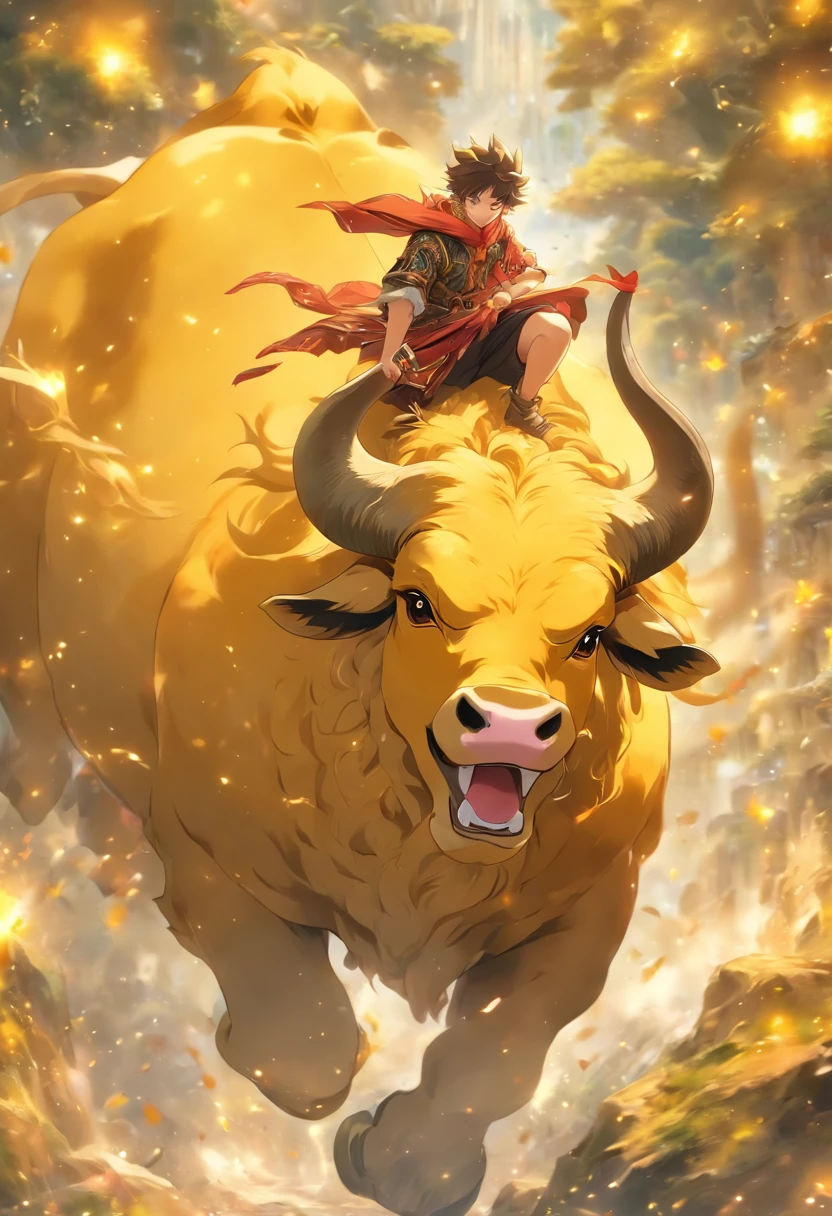 (tmasterpiece), (Best quality at best), Cinematic quality，Rendered by Octane，Ultra-detailed details，1 boy，Riding on the back of a yellow bull，Fantasy wonderland background