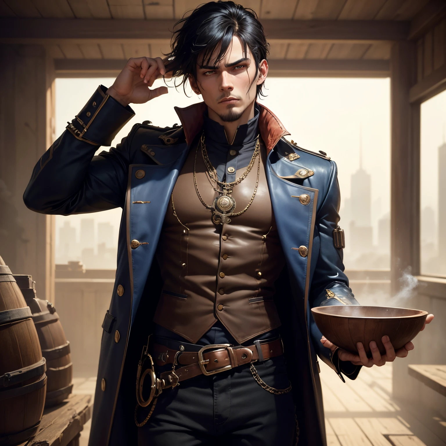 8k, masterpiece, best quality, realistic, higly detailed, cowboy shot, 1boy, solo, Fuutarou, young man, fair skin, black hair, bowl cut, two strands sticking up from the back of his head, bangs that cover his forehead, blue eyes, slim physique, tall build, tends to slouch, serious expression, scary and thuggish vibe, bad guy, Steampunk