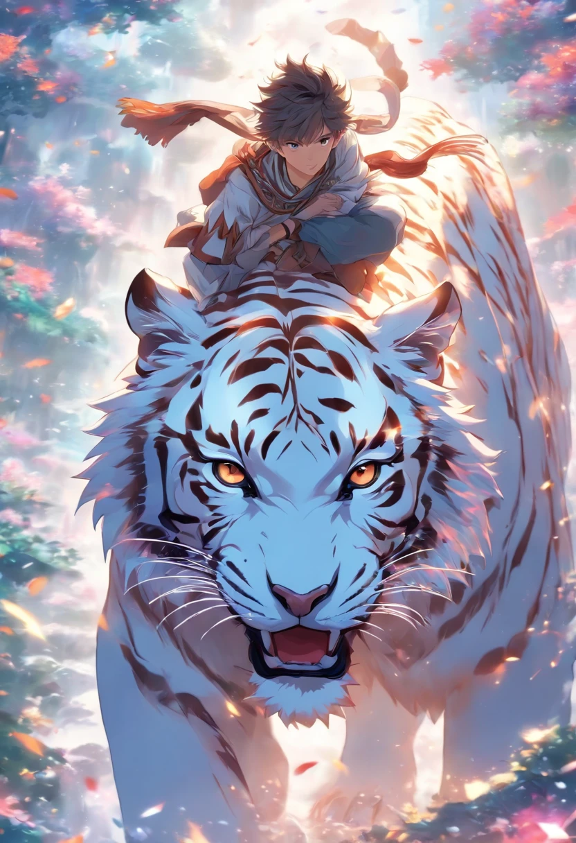 (tmasterpiece), (Best quality), Cinematic quality，Rendered by Octane，Ultra-detailed details，1 boy，Riding on the back of a white tiger，Fantasy wonderland background