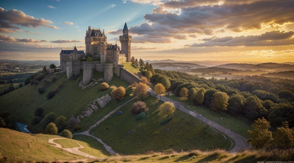 (best quality,4k,8k,highres,masterpiece:1.2),ultra-detailed,(realistic,photorealistic,photo-realistic:1.37),professional,vivid colors,cinematic wallpaper,medieval castle perched on a hill,fine art photography,golden hour lighting