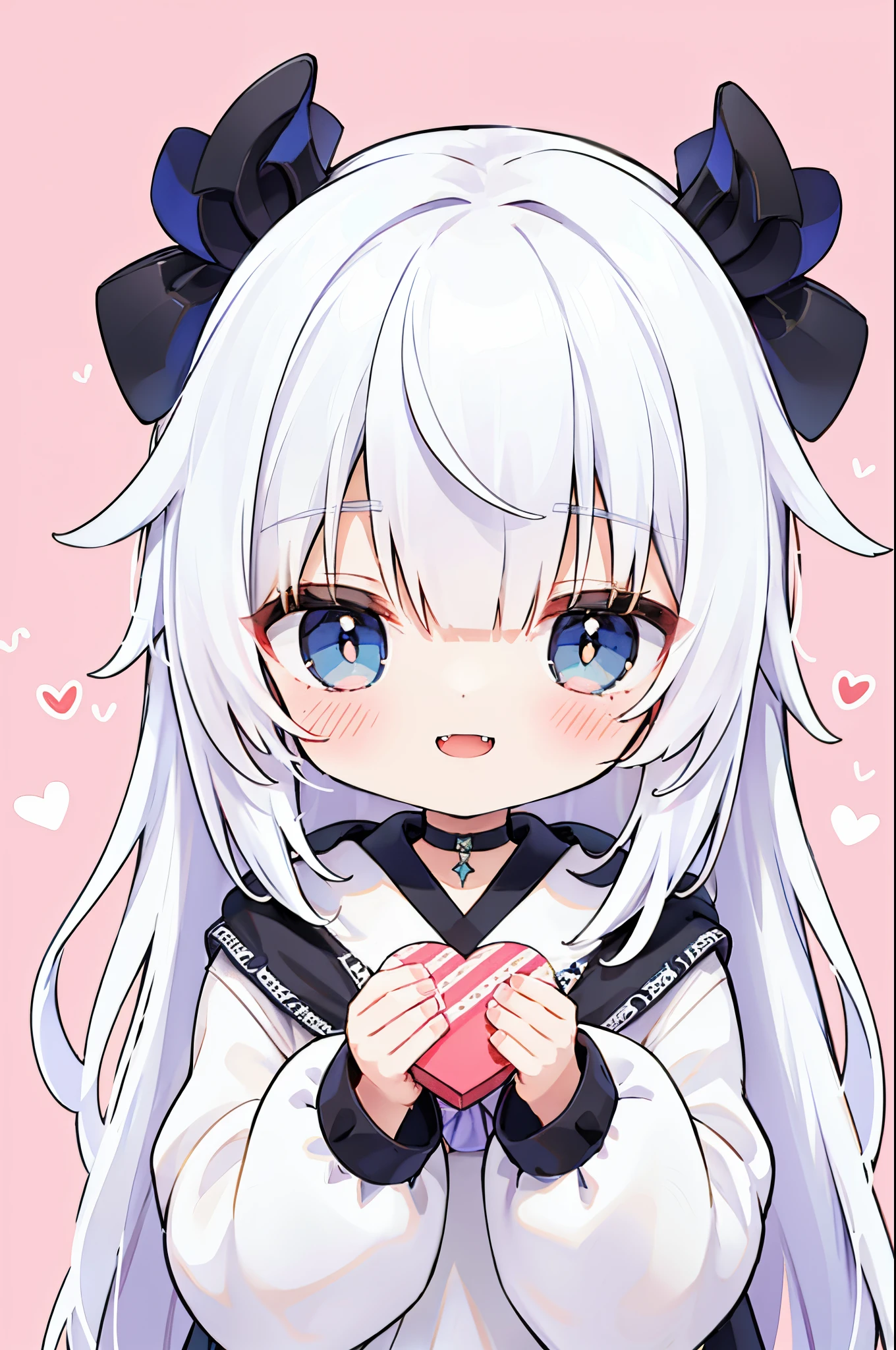 Masterpiece, Best Quality,(chibi:1.3), cute aesthetic illustration, stylized digital art, abstract and colorful style, (outlines:1.3), BREAK 1girl, 独奏, (open hair, hairlong, straight hair, white colored hair, hime cut, blunt bangs, Azure Eyes:1.3), pointed ears, White_Lashes, Dark, plain choker, (Realistic:0.8), fangs, BREAK (oversized_The clothes, Puffy clothes, black hoodie), BREAK Blush, Эмодзи Twitch, Smile, Portrait, pinched cheeks,pinched cheeks, holding,upper-body,one eye covered,looking a viewer,ass pov,, Masterpiece, Best Quality,1girl, incoming gift, holding, GiftBox, band, Heart-shaped box,