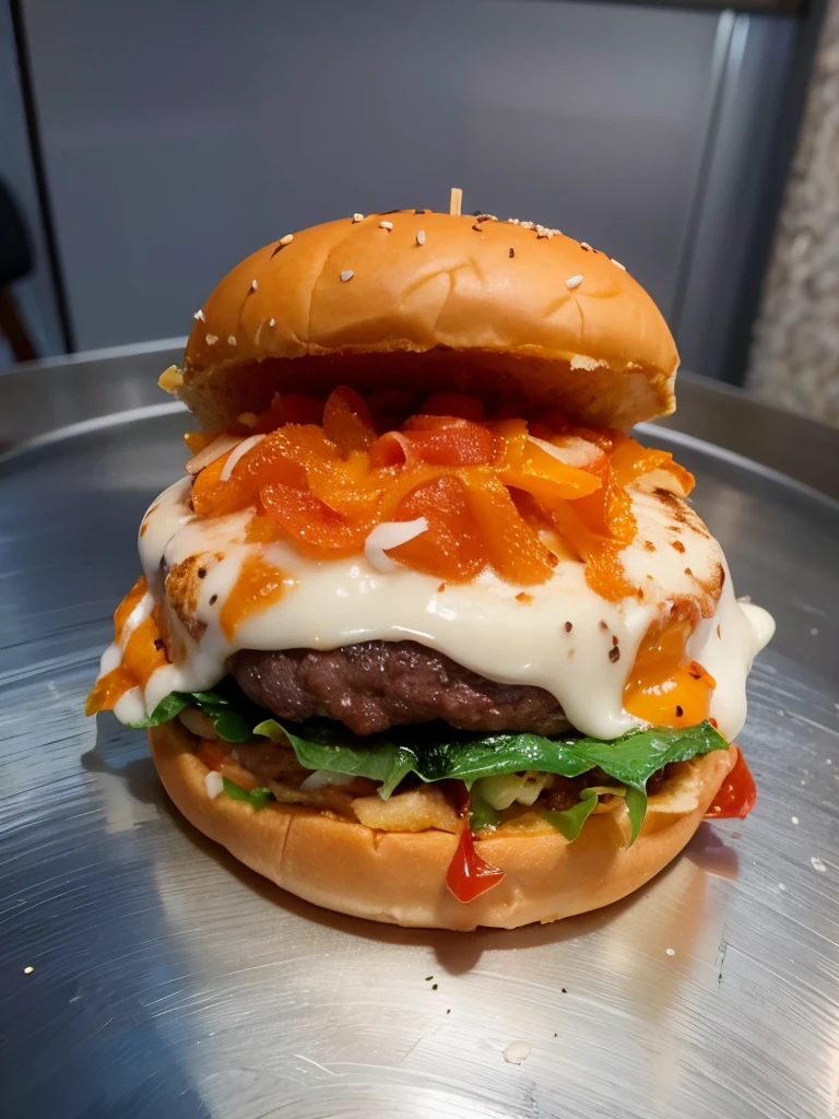 there is a hamburger with cheese and sauce on a metal tray, burger on a plate, burger with a mouth, Directed by: Joe Bowler, big juicy burger, burger, 🥥 🍕 Hibrido, burger with human mouth, cheeseburguer, burger with human eyes, Delicious burger with sesame seeds, assunto completo mostrado na foto, ❤🔥🍄🌪