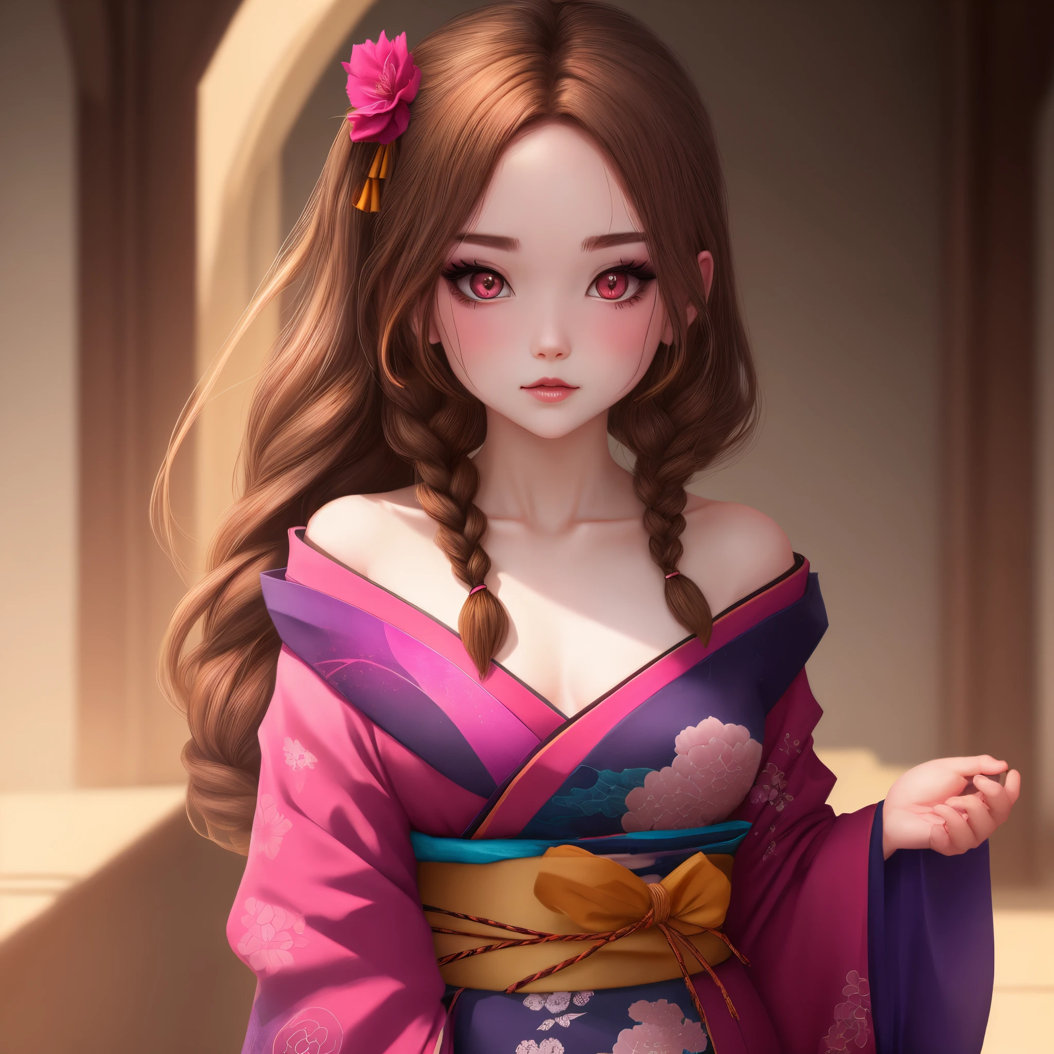 Demon girl with eye in the middle of forehead, with brown hair and blonde ends tied into a braid, and wearing a pink kimono