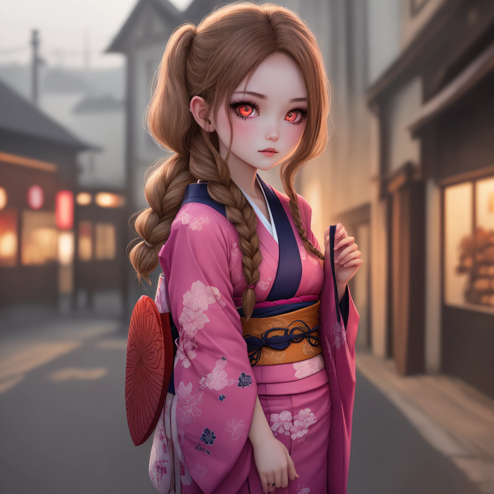 Demon girl with eye in the middle of forehead, with brown hair and blonde ends tied into a braid, and wearing a pink kimono