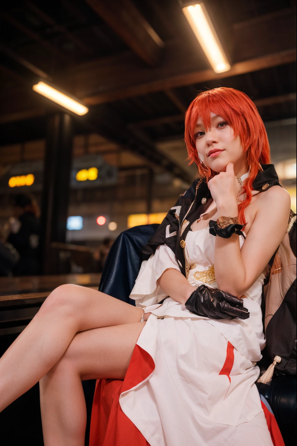 there is a woman sitting on a bench with a red hair, anime girl cosplay, cosplay photo, taken with canon eos 5 d mark iv, captured on canon eos r 6, anime cosplay, cosplayer, ayaka cosplay, taken with canon 8 0 d, taken with canon 5d mk4, taken with canon eos 5 d, taken with sony alpha 9, cosplay, ((super realistic))