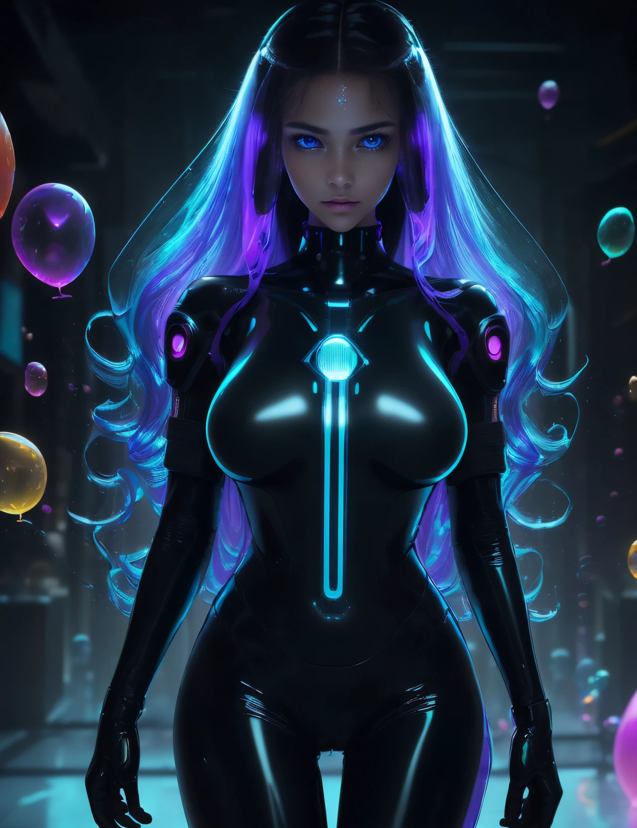 (((Portrait of a perfect girl))), ((Extremely long flowing curly fluorescent cyberpunk hair)), The best picture quality, Masterpiece, Super High Resolution, (fidelity:1.4), photo, (((1 girl))) Dim, darkness, Movie, (Translucent futuristic black outfit and clothing:1.5), (translucent clothes:1.4), ((ciberpunk)), Cyber equipment, ((a robot)), apocalypse, Futuristic, (((Excessively large hanging breasts,,))), ((Perfect and clear facial features)), ((Portrait)), (((dynamic shot))), ((the perfect body)), ((Award-winning, super-realistic photography)), (((Extremely dense reflective shiny translucent latex))), Textured pastel background, colourful, Vibrants, ((Gorgeous Perfect Multi-Colored Reflective Eyes)), (Balloon-shaped flying droids)), ((soapy and many bubbles of different sizes))