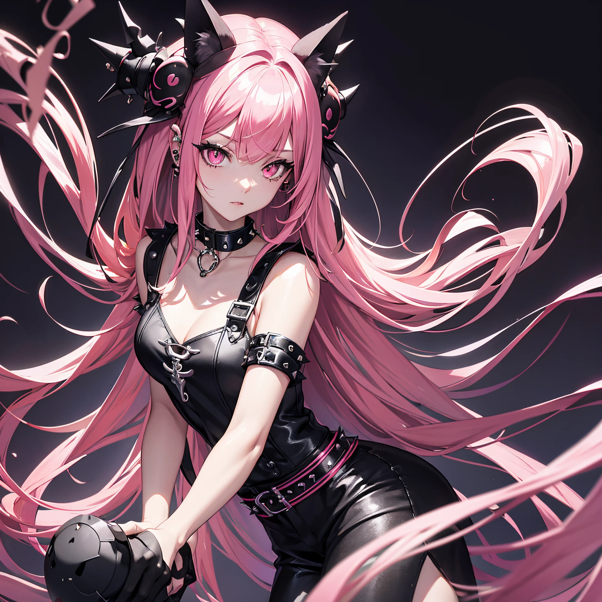 tmasterpiece, beste-Qualit, overdetalization, Beautiful lighting, 1girl, goth, long pink hair, hairlong,Pink fox ears,pink eyes, black eyeliner, black eye shadow,black lips, body piercings, collar with spikes, looks at the viewer,T-shirt with a skull, black jeans,Spiked choker, Hairpin on the video of the crock