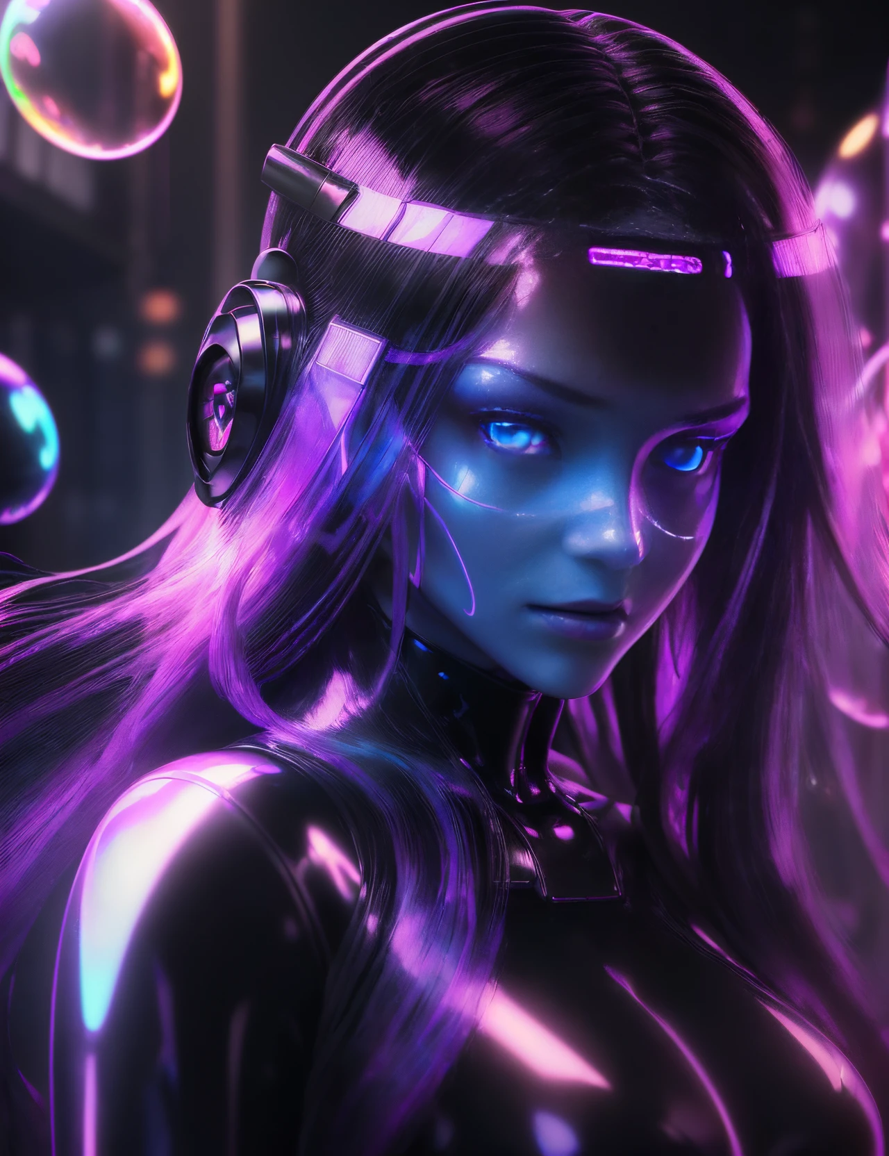 (((Portrait of a perfect girl))), ((Extremely long flowing curly fluorescent cyberpunk hair)), The best picture quality, Masterpiece, Super High Resolution, (fidelity:1.4), photo, (((1 girl))) Dim, darkness, Movie, (Translucent futuristic black outfit and clothing:1.5), (translucent clothes:1.4), ((ciberpunk)), Cyber equipment, ((a robot)), apocalypse, Futuristic, (((Excessively large hanging breasts,,))), ((Perfect and clear facial features)), ((Portrait)), (((dynamic shot))), ((the perfect body)), ((Award-winning, super-realistic photography)), (((Extremely dense reflective shiny translucent latex))), Textured pastel background, colourful, Vibrants, ((Gorgeous Perfect Multi-Colored Reflective Eyes)), (Balloon-shaped flying droids)), ((soapy and many bubbles of different sizes))