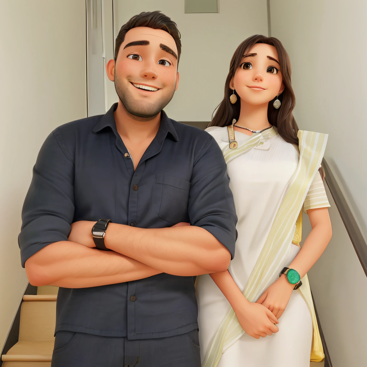 In this image, we see a man and woman standing on a set of stairs. The man is positioned slightly behind the woman, with his arm around her shoulder as they both smile for the camera. They are both dressed in stylish clothing, with the man wearing glasses and the woman donning a white and yellow dress. The background consists of a plain white wall, allowing the focus to remain on the couple.
The man appears to be in his early thirties while the woman looks to be in her late twenties. Both have their faces clearly visible, with expressions of happiness and contentment evident on their features. The man's face is framed by short dark hair while the woman has long flowing locks that add movement to the photo.
As our attention shifts towards specific objects within this image, we can see that there are two people present - one male and one female - who are identified as "persons" by an AI analysis tool. Additionally, there is also mention of "human face," indicating that these individuals' facial features were detected accurately.
Further analysis reveals that both individuals are holding onto something; however, it is not specified what they are holding onto or why they might be doing so. It could be each other's hands or some other object out of frame.
The overall colour scheme of this image leans towards neutral tones such as whites and greys. Still, it does feature an accent colour of muted green seen through various elements like clothing items or accessories worn by either person.
Overall, this photograph captures a moment between two people who seem genuinely happy together while posing for what appears to be a casual photoshoot against a simple backdrop setting.